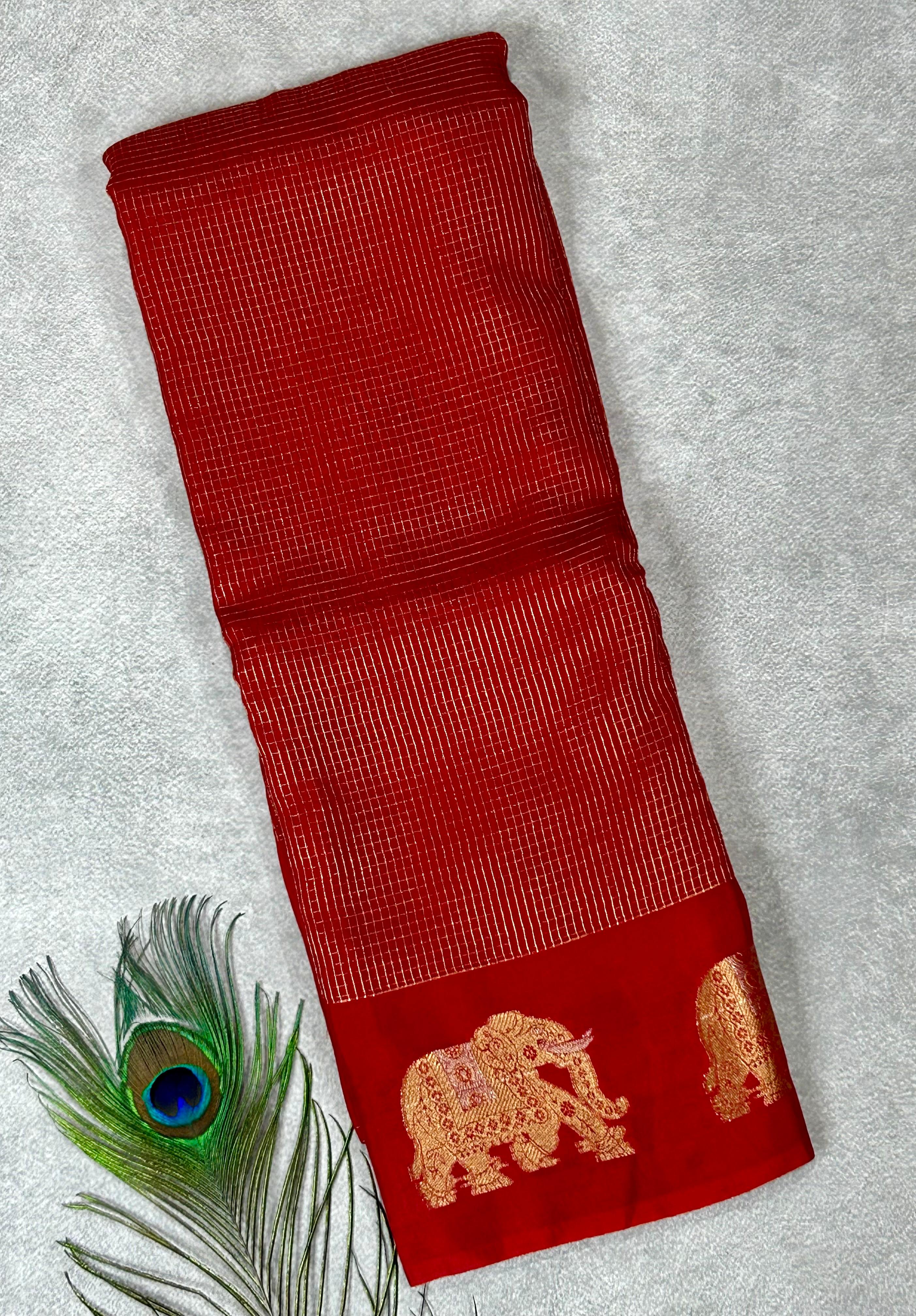 Red small checks vintage semi mysore crepe 02 saree