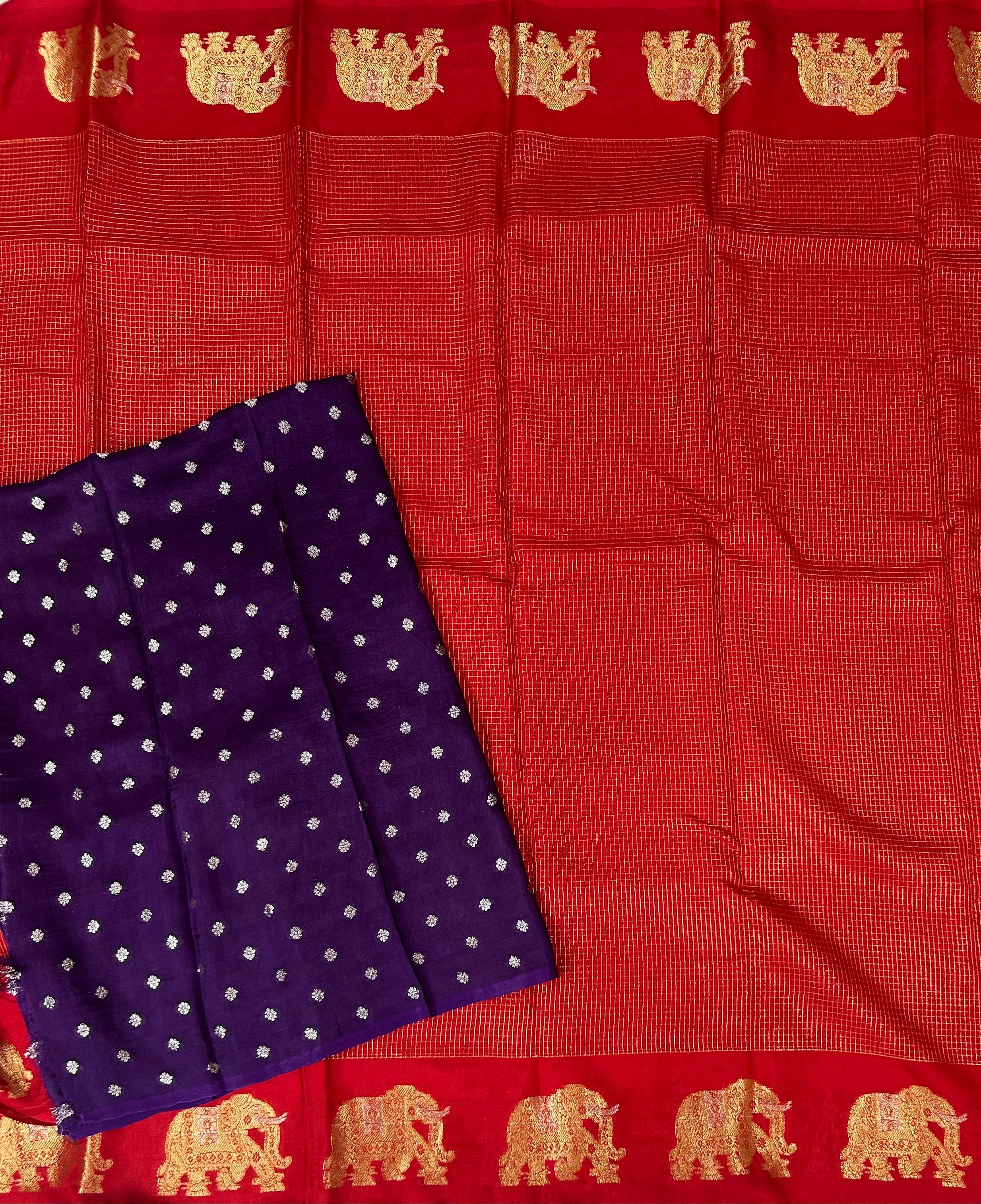 Red small checks vintage semi mysore crepe 02 saree