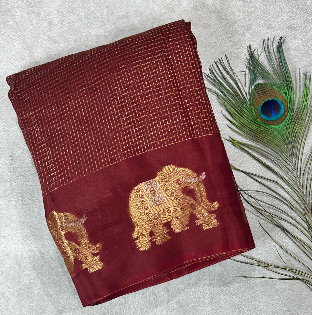 Brown small checks vintage semi mysore crepe 02 saree