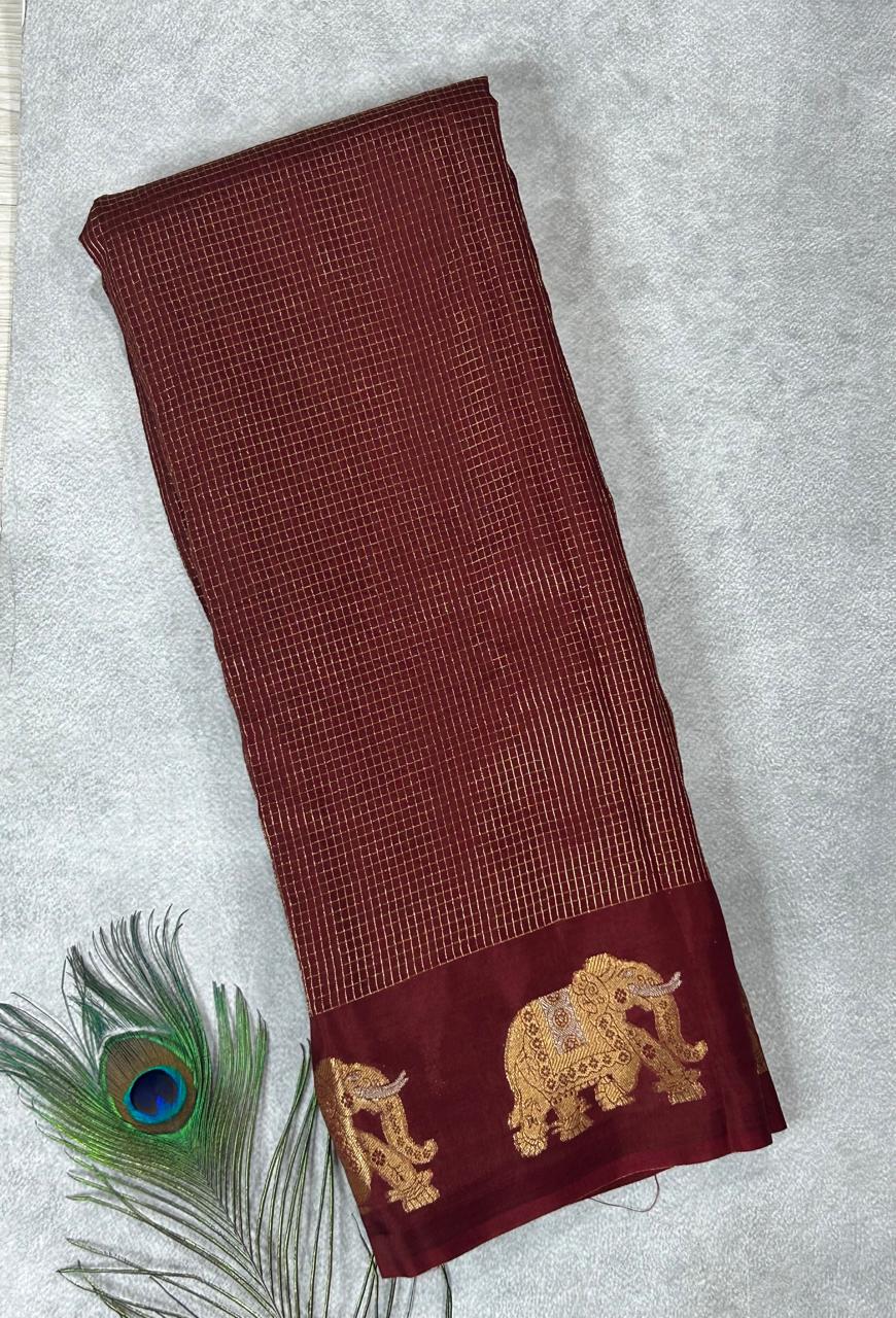 Brown small checks vintage semi mysore crepe 02 saree
