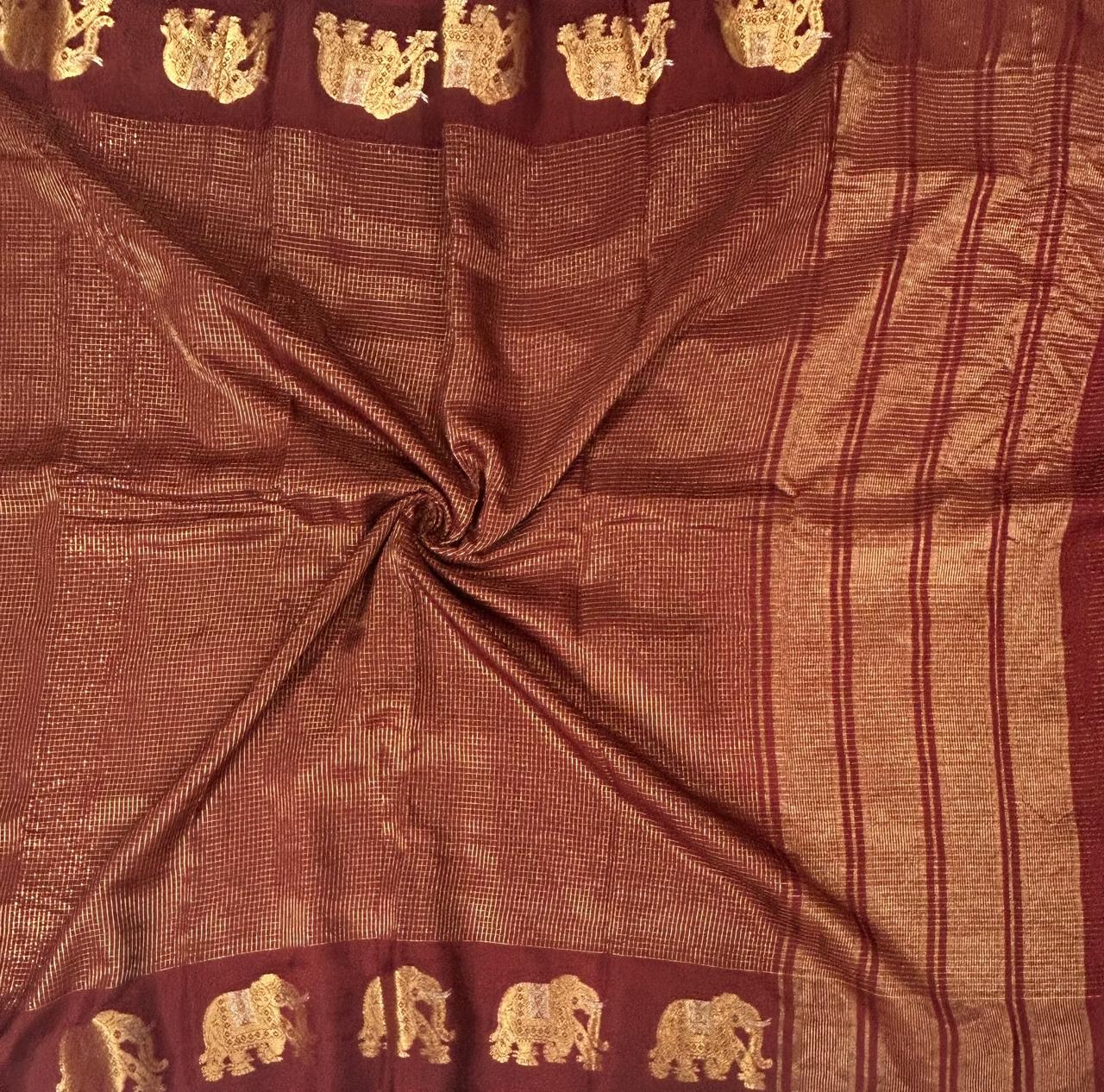 Brown small checks vintage semi mysore crepe 02 saree
