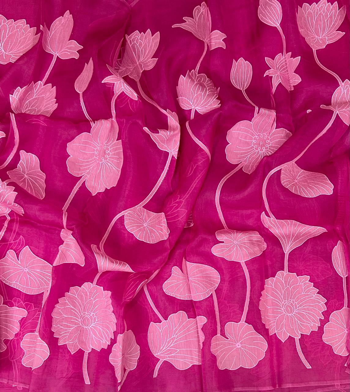 Rani pink aplique work pure organza 102 saree