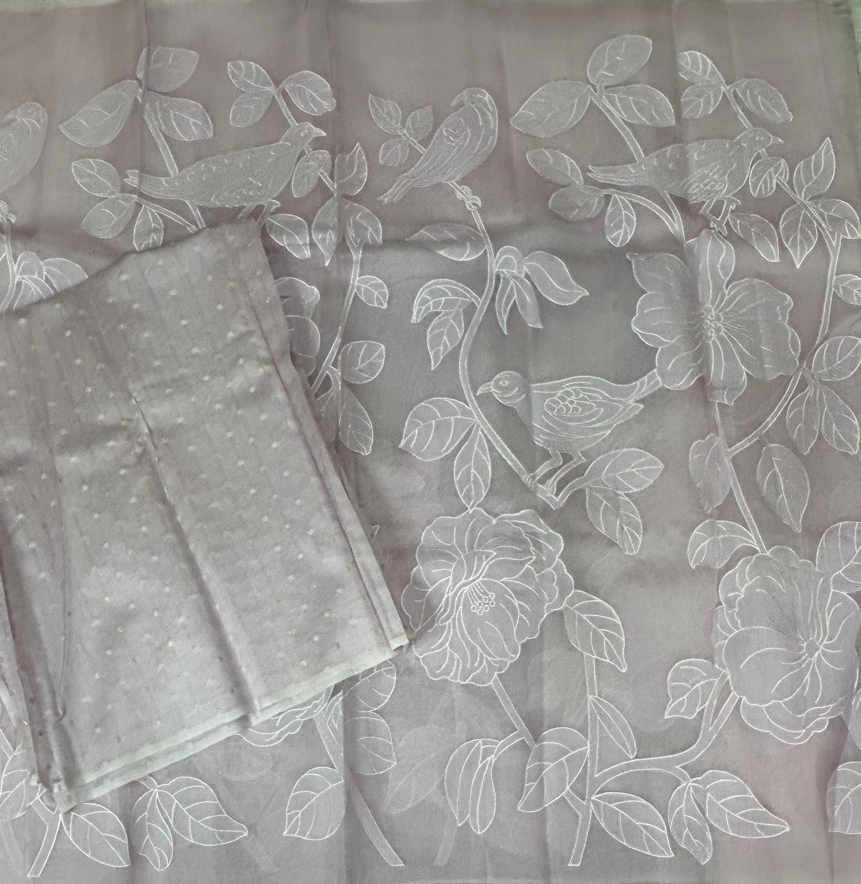 Lilac aplique work pure organza 102 saree