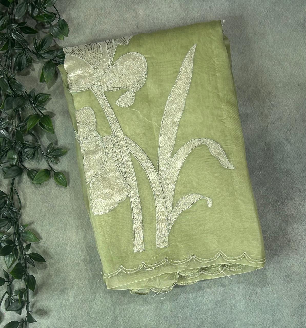 Pista green aplique work pure organza 102 saree