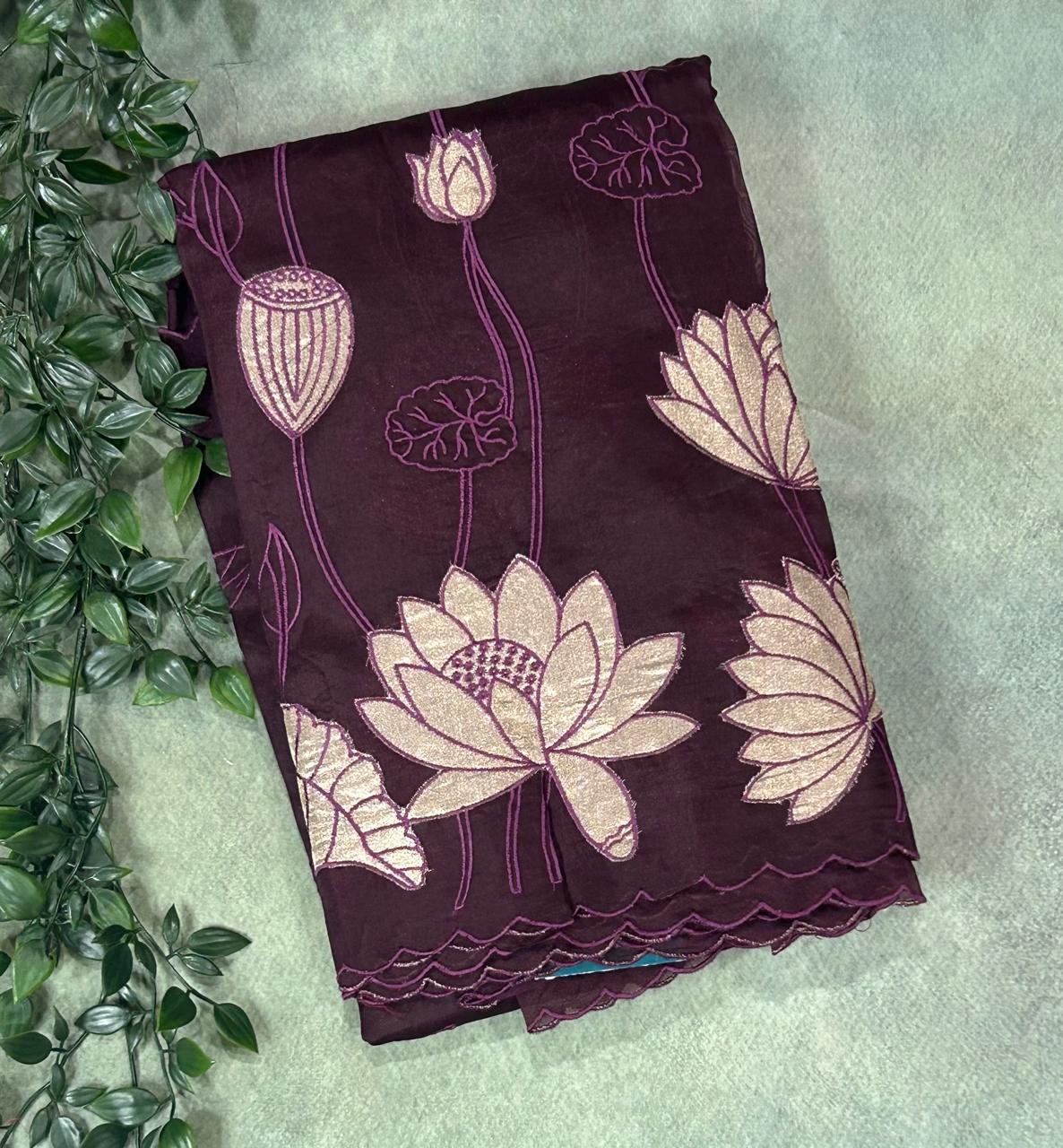 Brown aplique work pure organza 102 saree