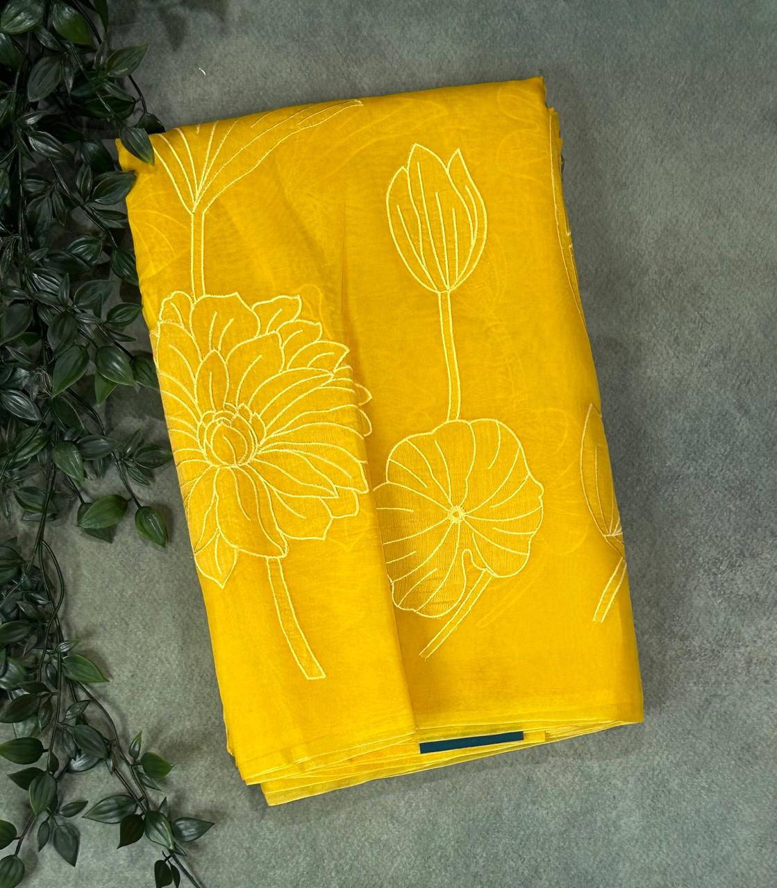 Yellow aplique work pure organza 102 saree