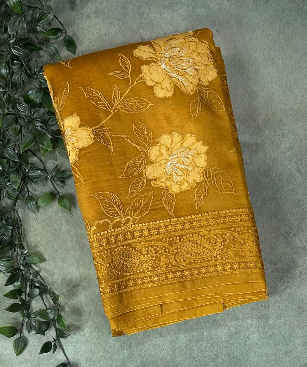 Mustard yellow chikankari  work pure organza 102 saree