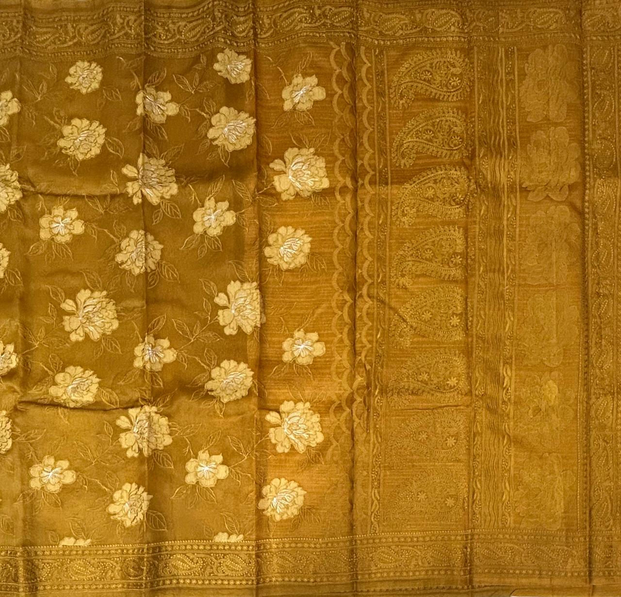 Mustard yellow chikankari  work pure organza 102 saree