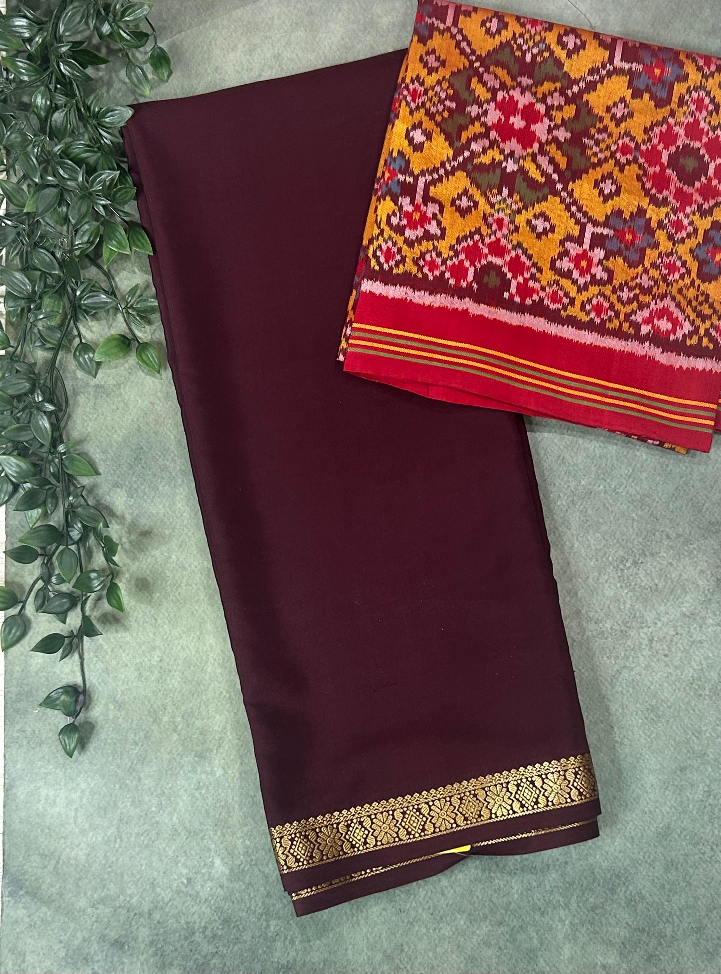 Dark brown pure mysore crepe silk-102 saree with Pure Patola  blouse piece