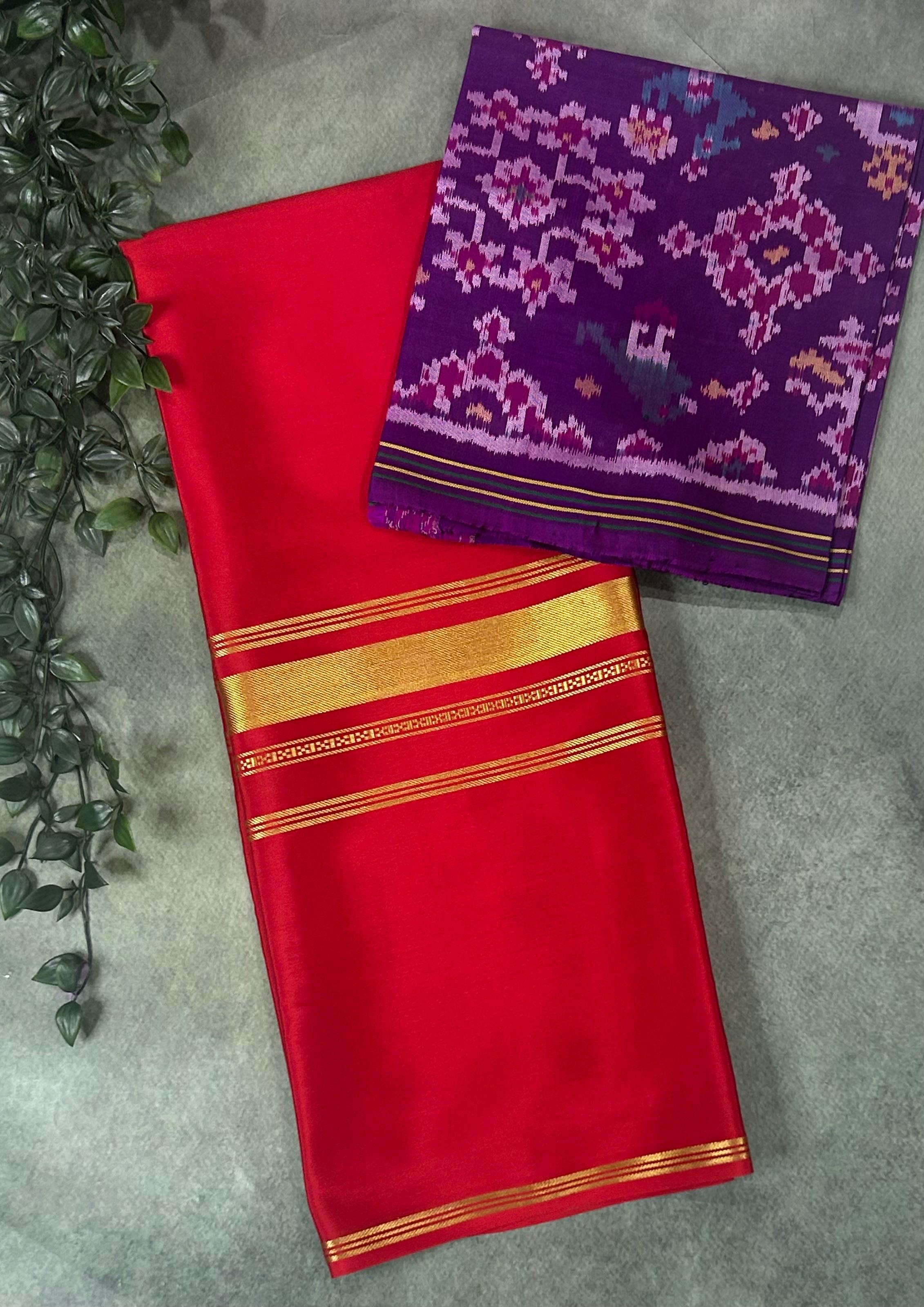 Red pure mysore crepe silk-102 saree with  Pure Patola  blouse piece