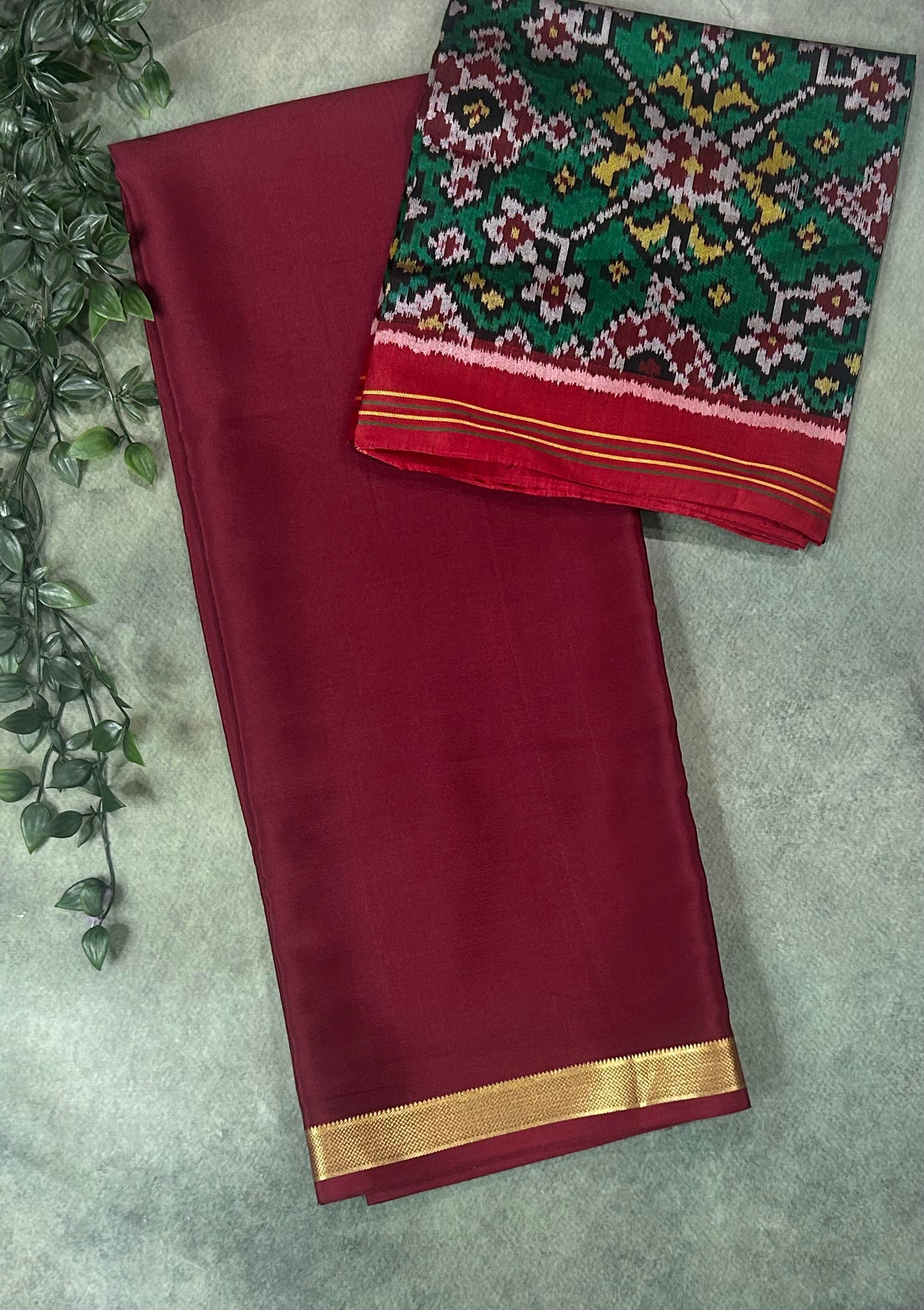 Maroon pure mysore crepe silk-102 saree with Pure Patola   blouse piece