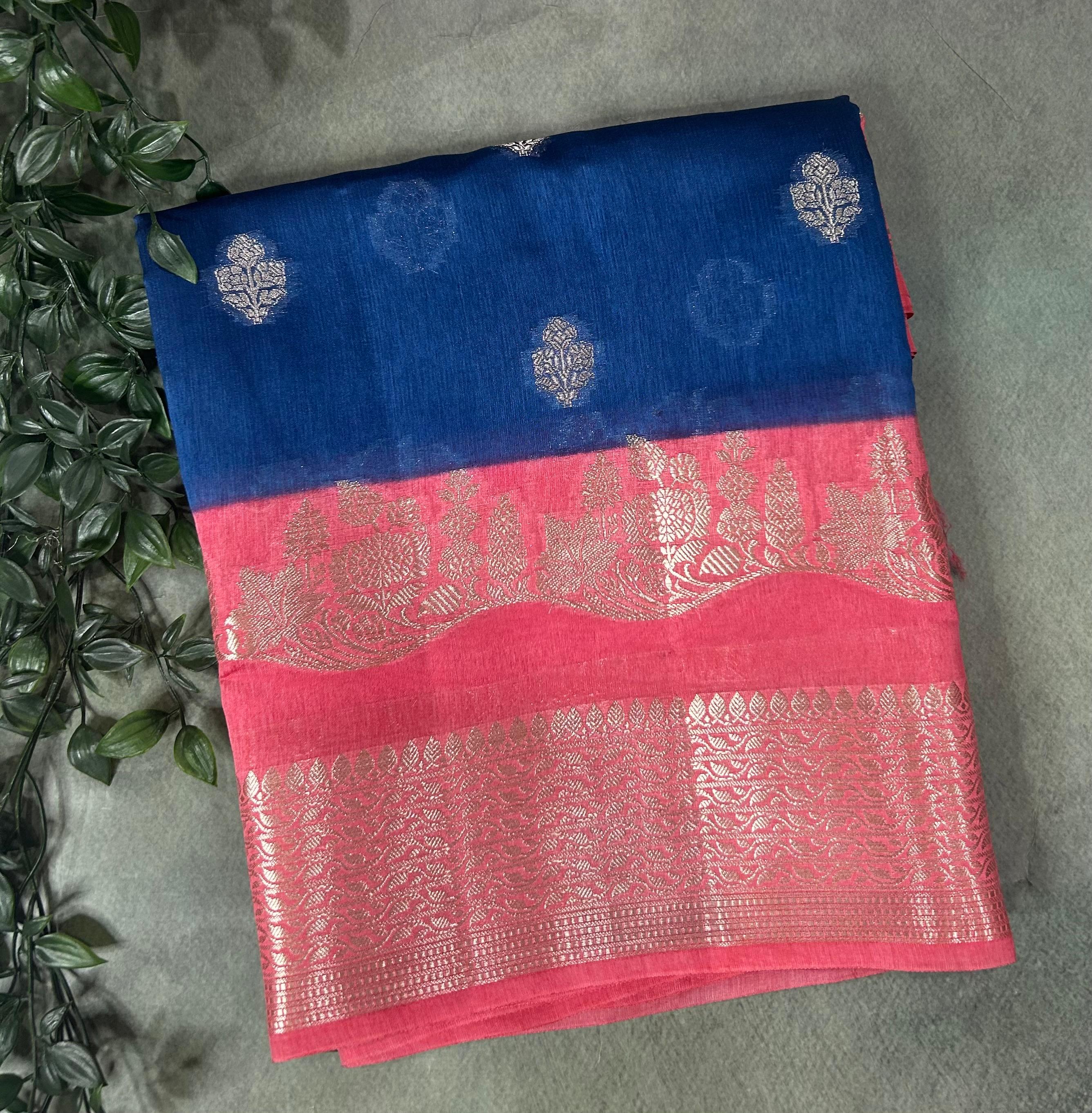 Blue contrast small butta chiniya silk 102 saree