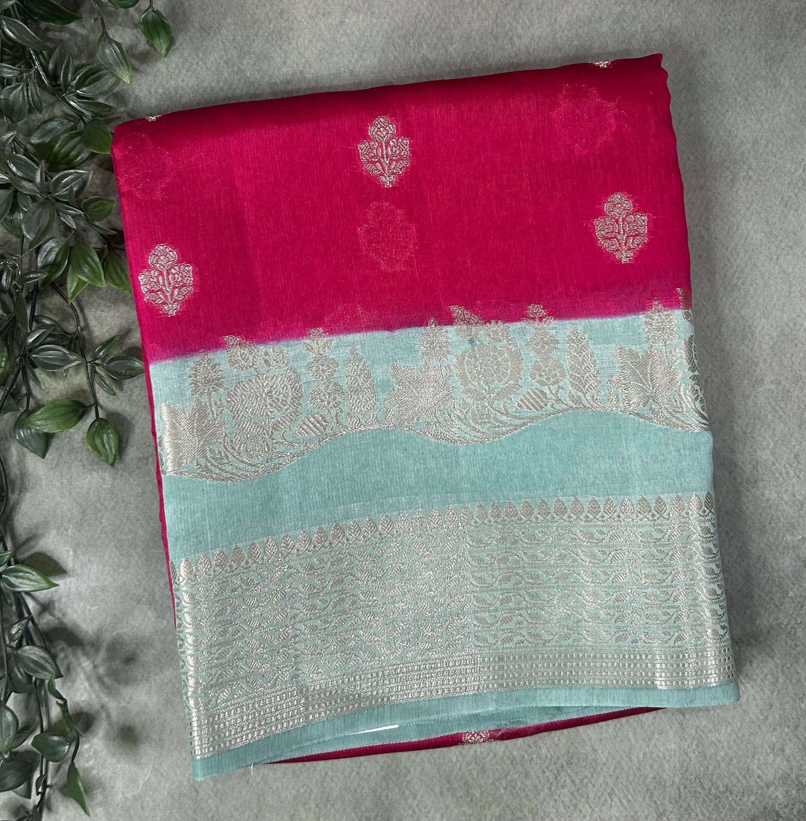 Rani pink contrast small butta chiniya silk 102 saree