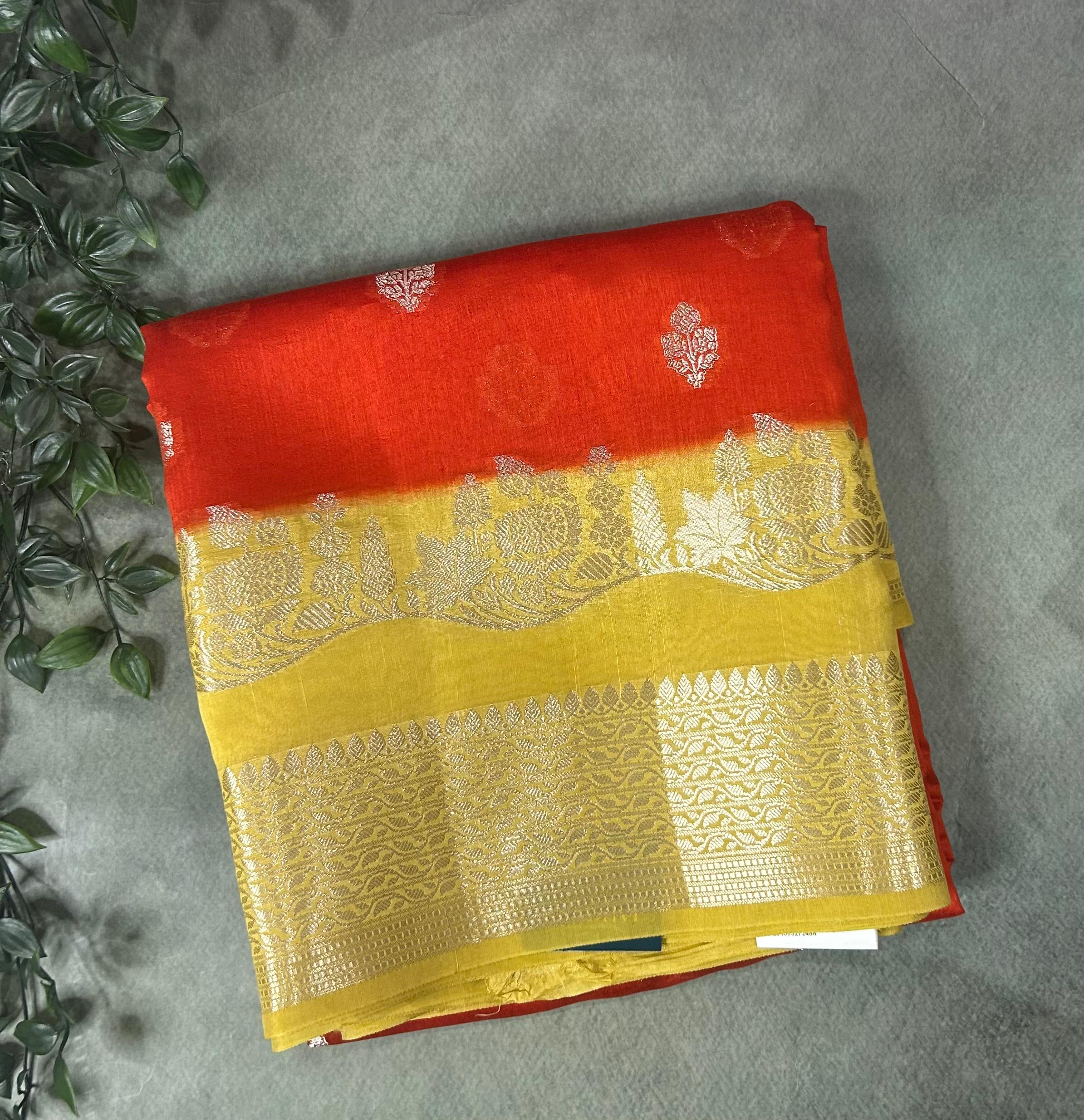 Orange  contrast small butta chiniya silk 102 saree
