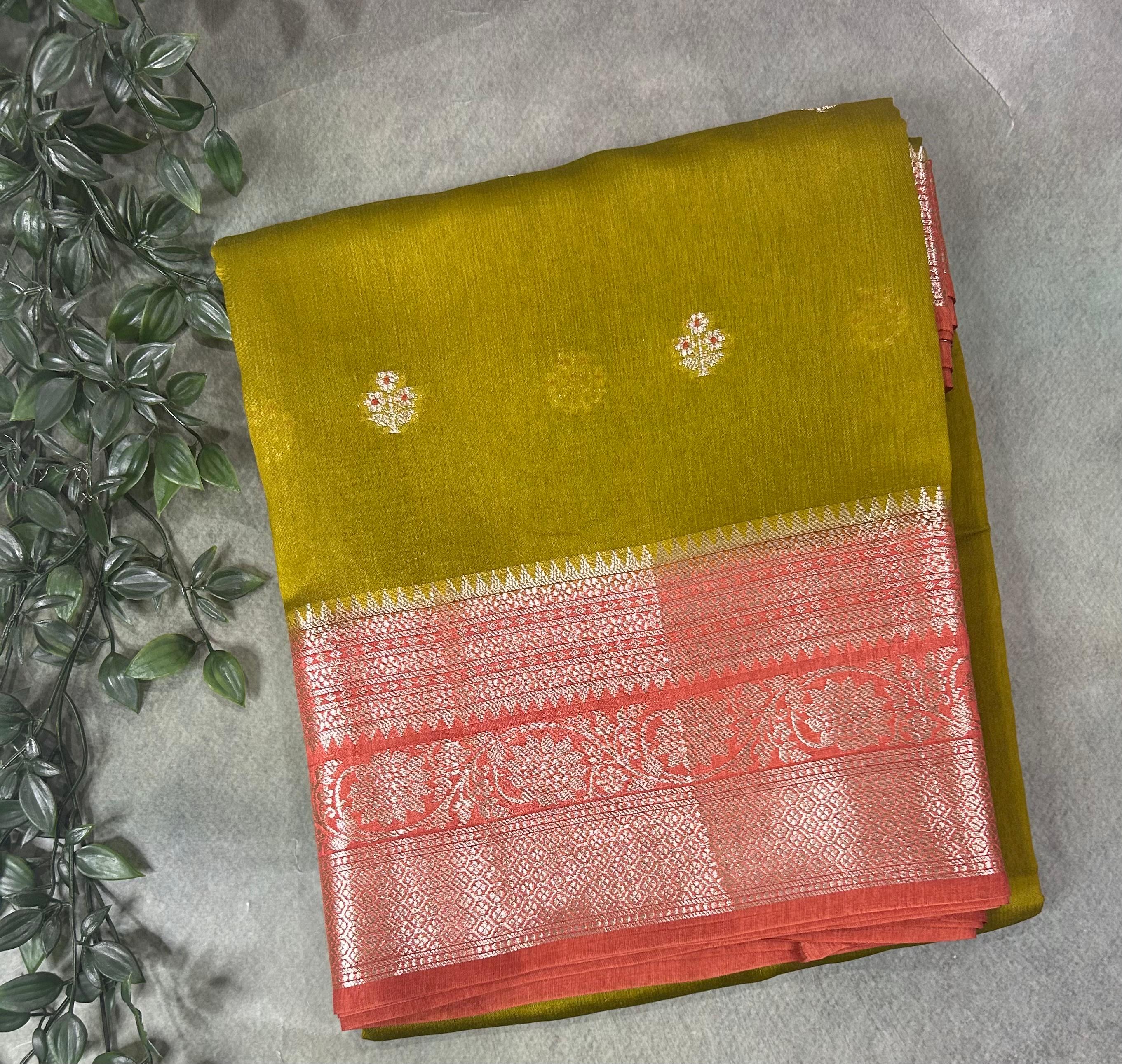 Mehendi green contrast small butta chiniya silk 102 sare