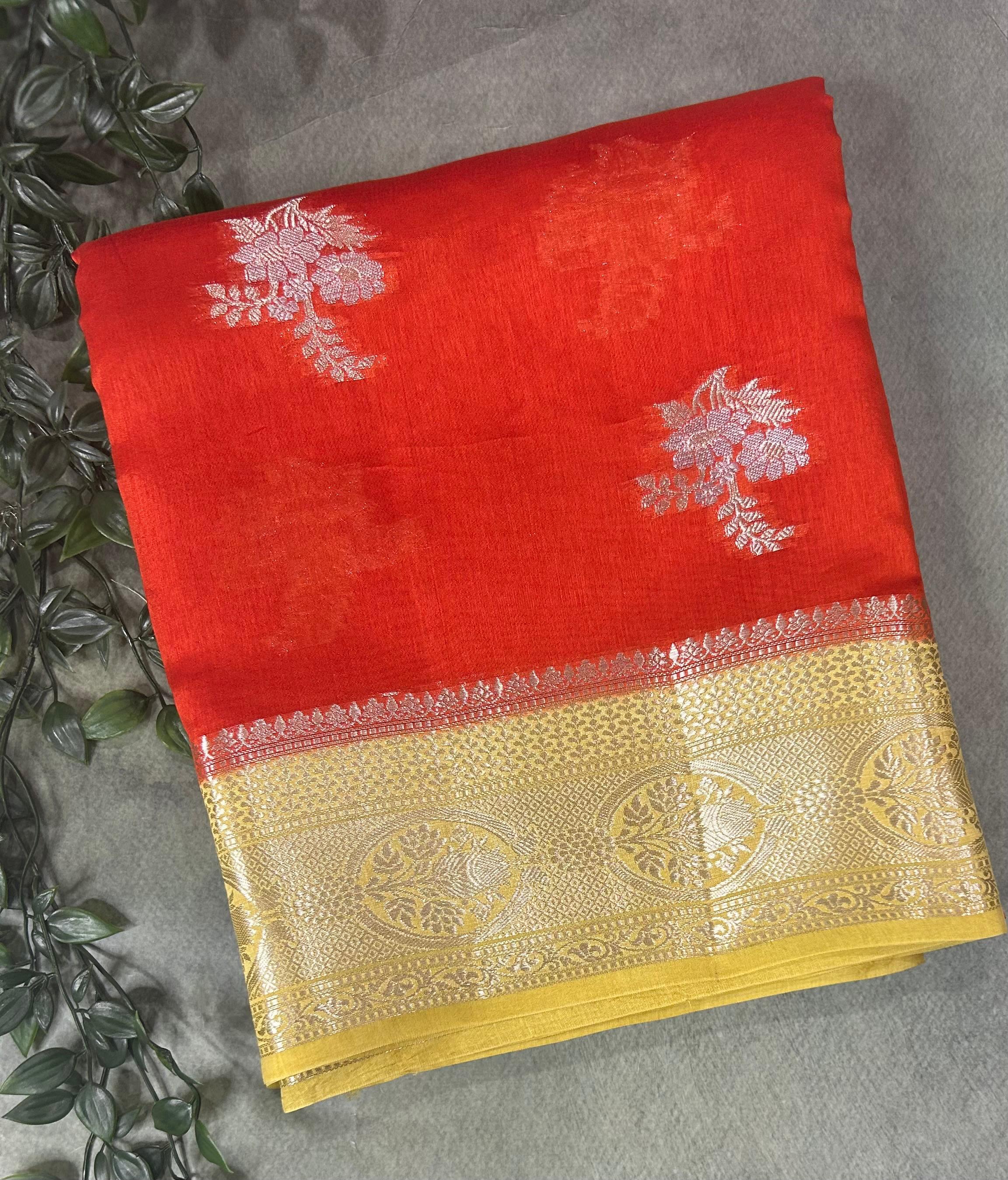 Orange contrast small butta chiniya silk 102 saree