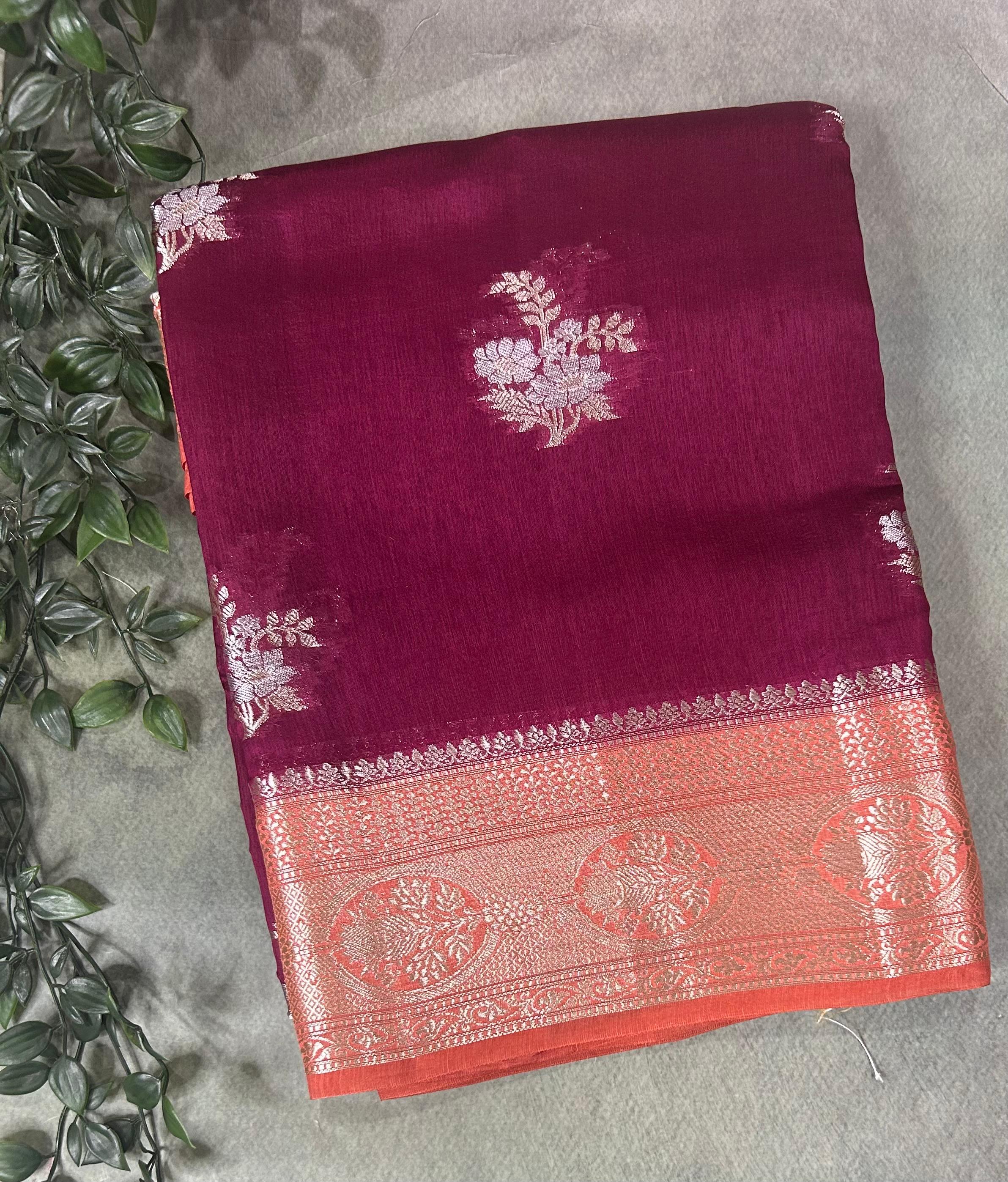 Light wine contrast small butta chiniya silk 102 saree