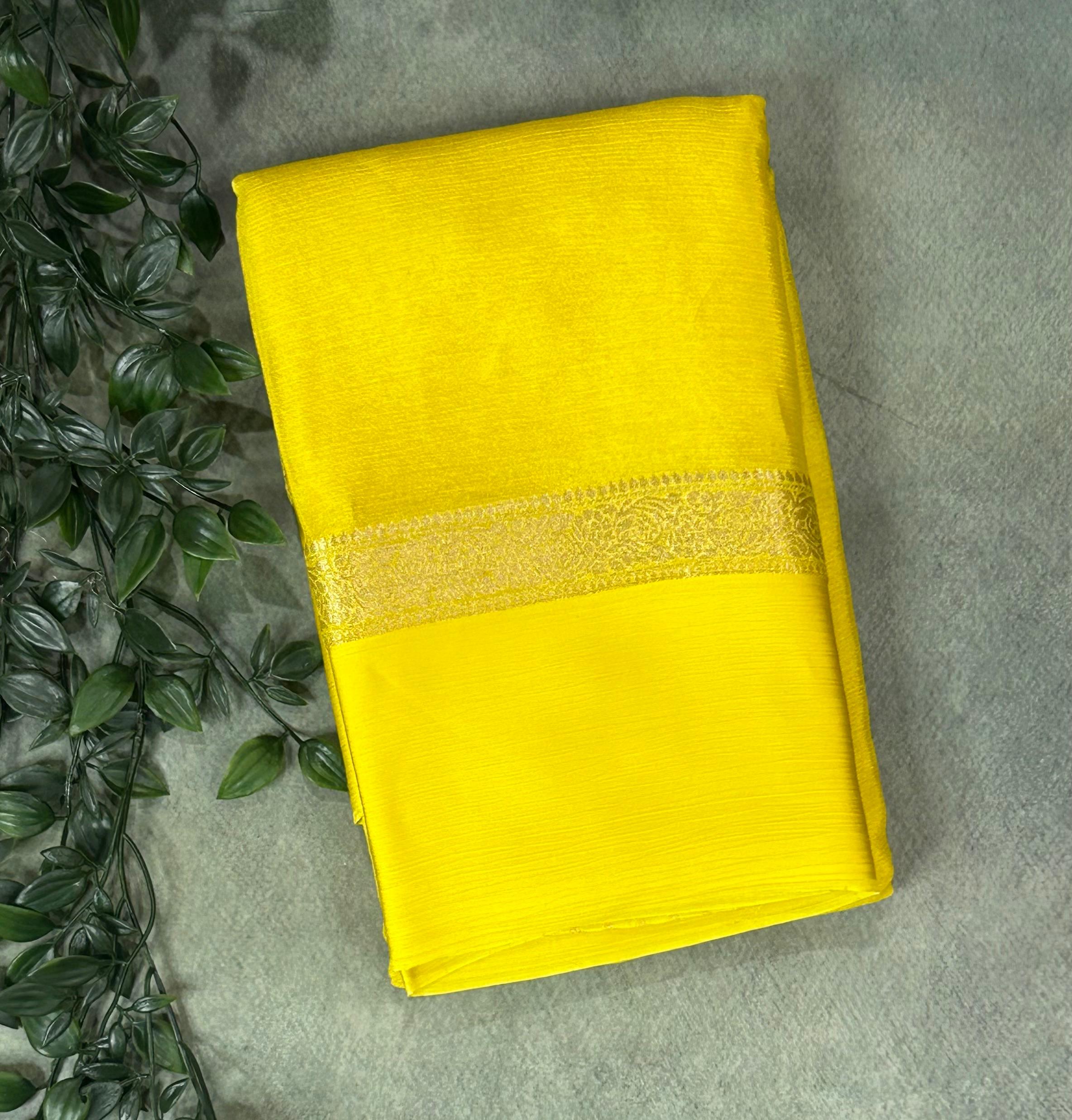 Bright yellow semi wrinkle crepe 102 saree