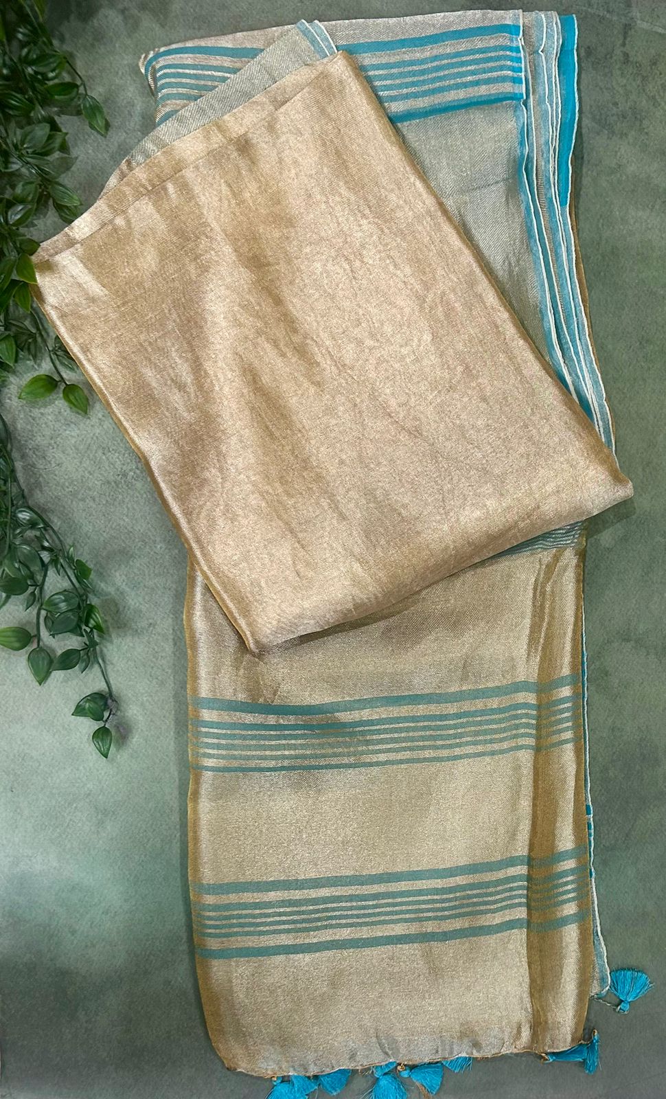 Ivory n gold pure silk linen tissue saree