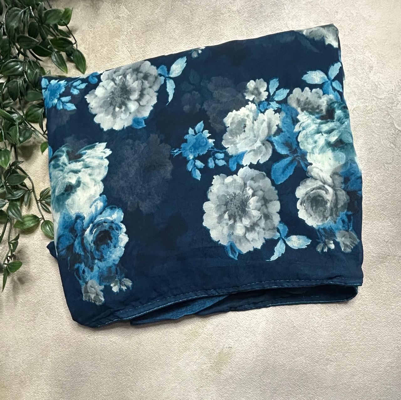 Peacock blue digital print saree