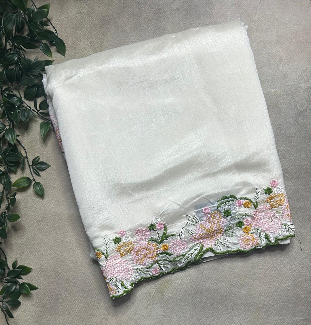 Cream embrodiery work semi tussar saree