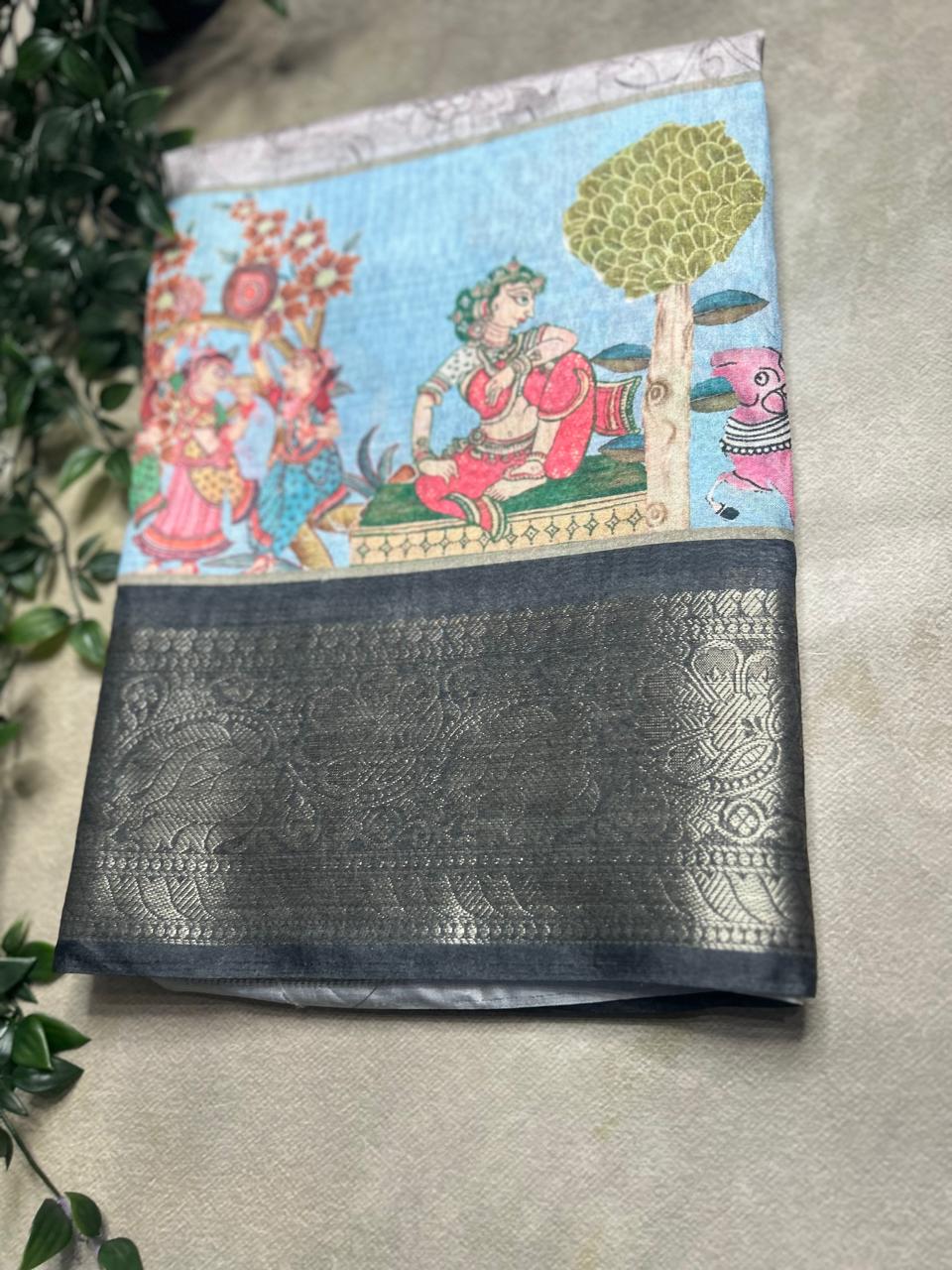 Light grey digital print semi crepe saree