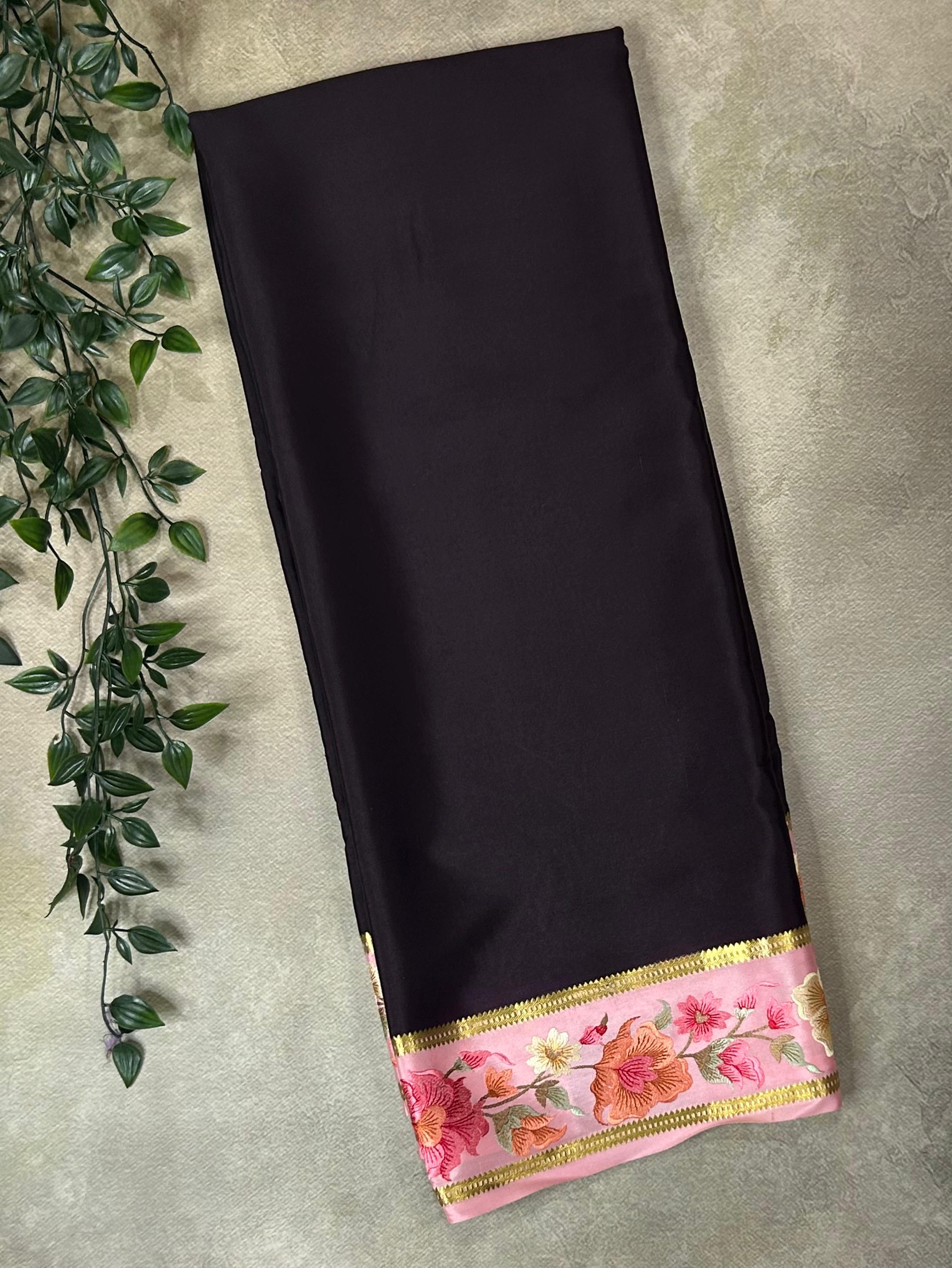 Dark brown embrodiery pure mysore crepe silk-102 saree