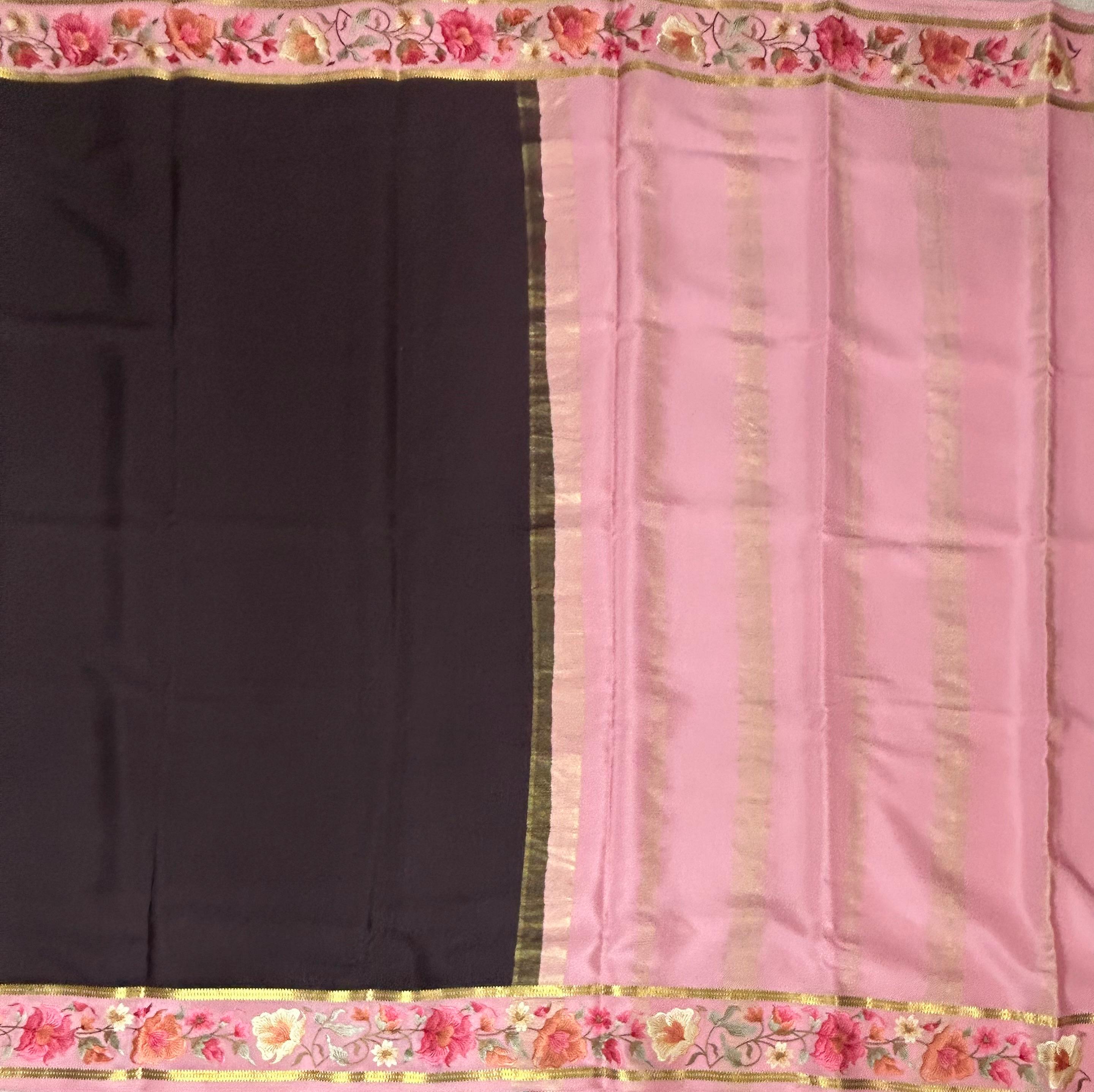Dark brown embrodiery pure mysore crepe silk-102 saree