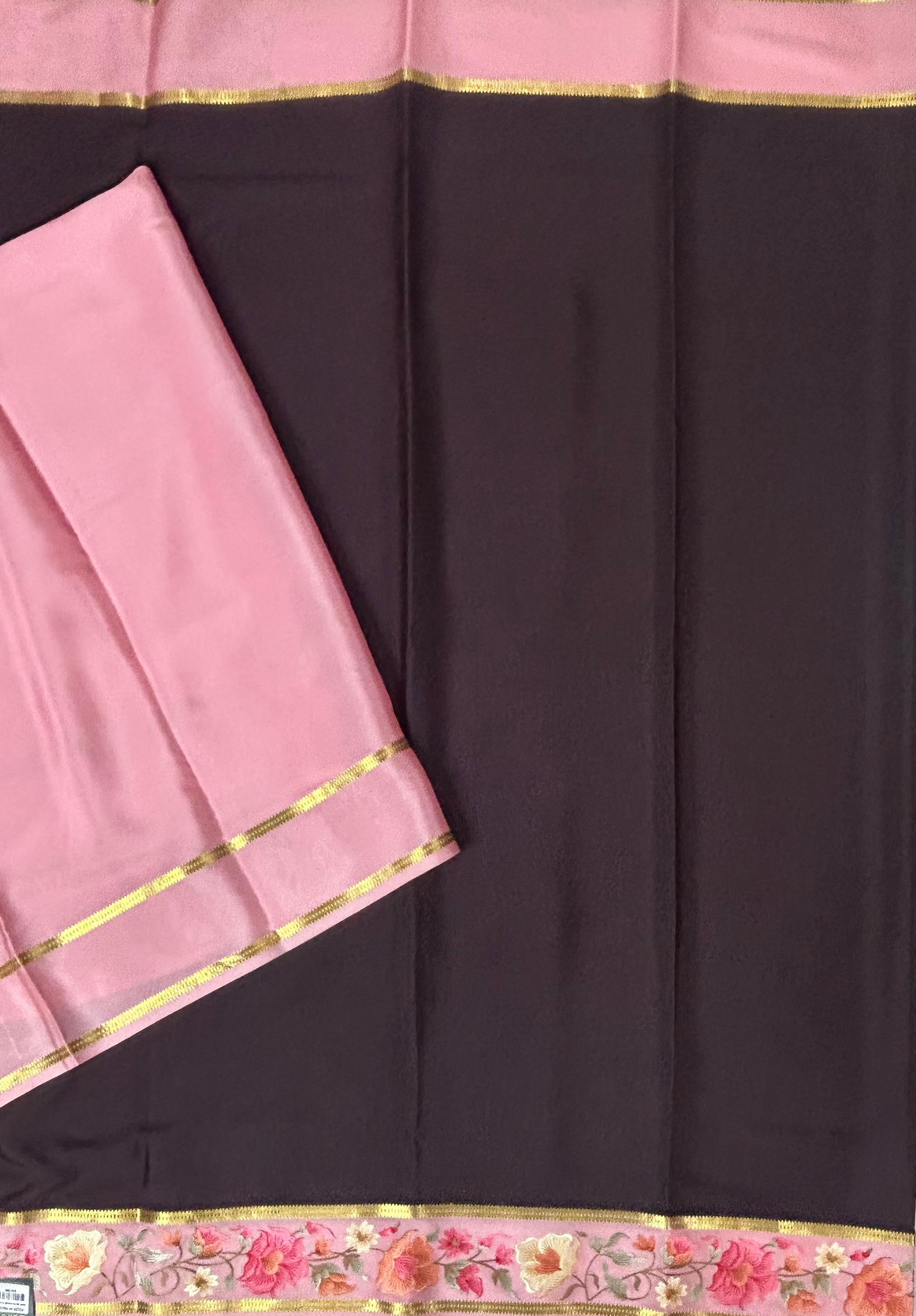 Dark brown embrodiery pure mysore crepe silk-102 saree