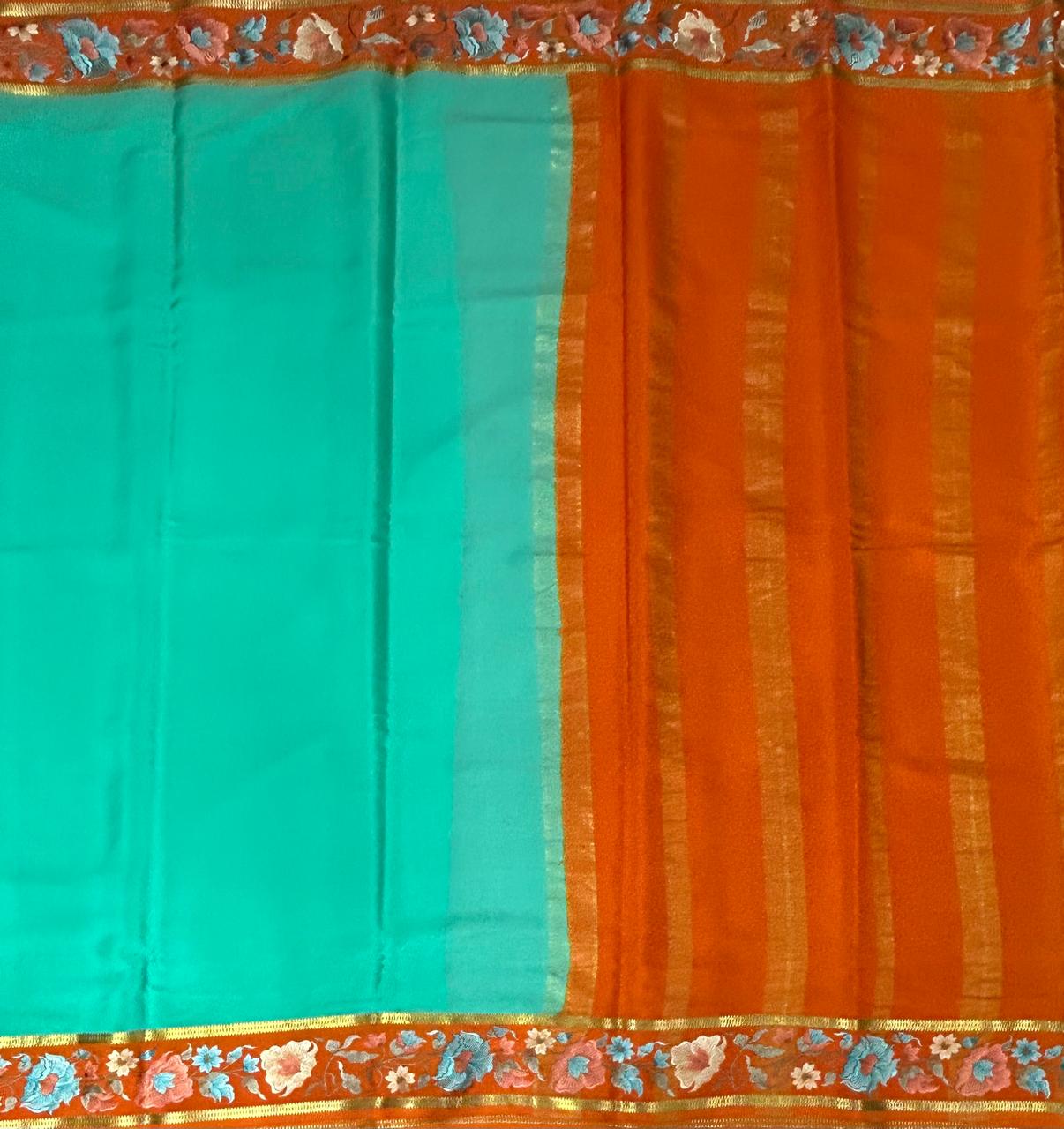 Distemper blue embrodiery pure mysore crepe silk-102 saree