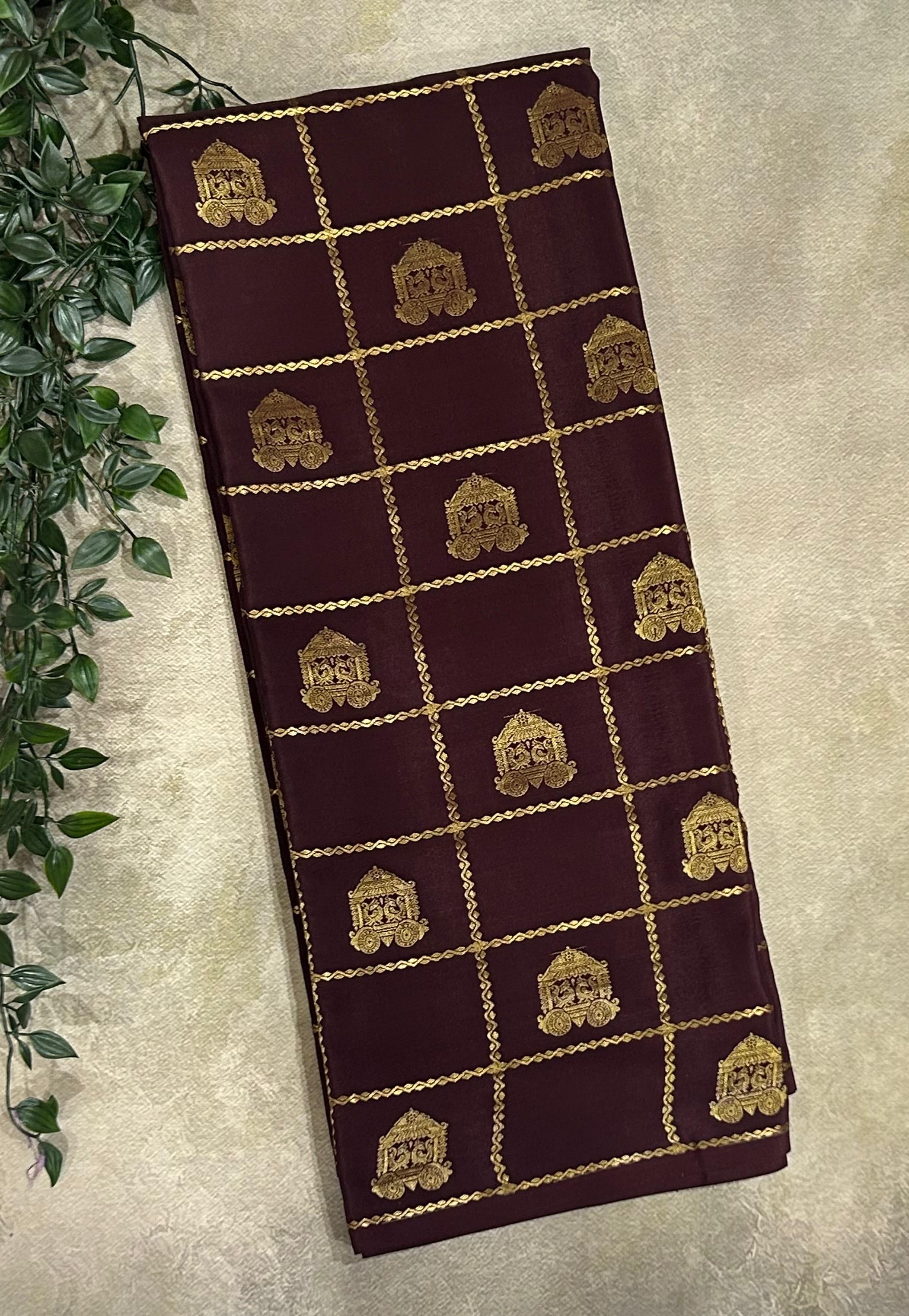 Dark brown borderless checks pure mysore silk 102 saree