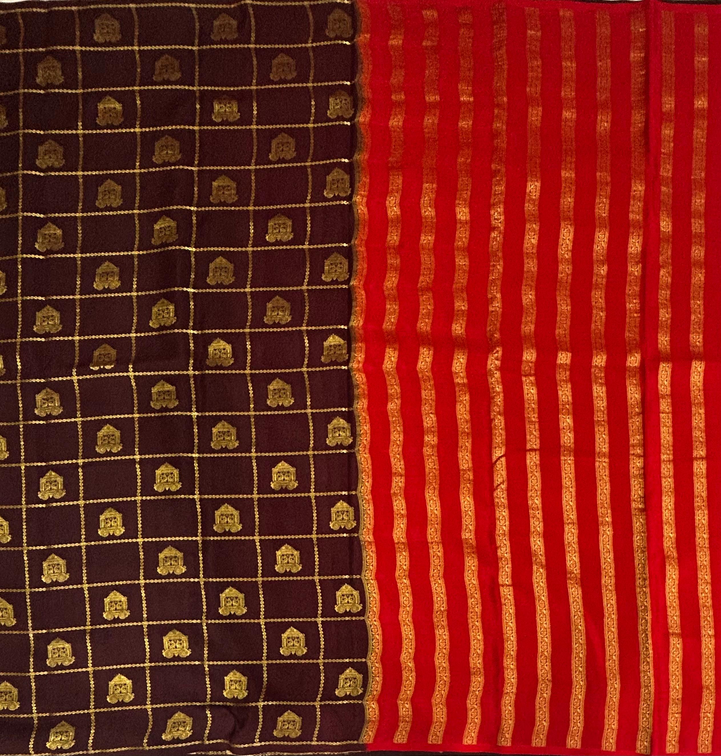 Dark brown borderless checks pure mysore silk 102 saree
