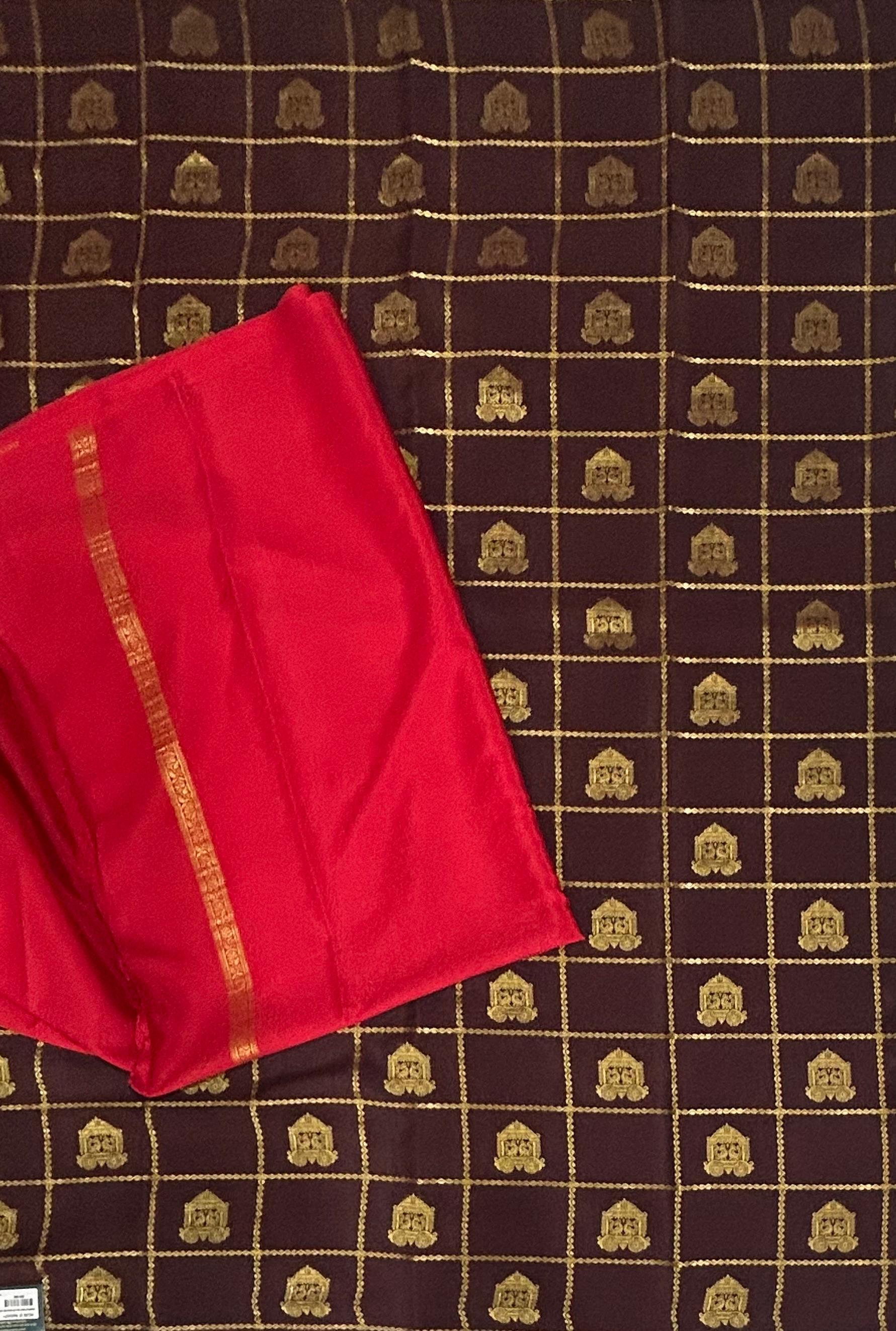 Dark brown borderless checks pure mysore silk 102 saree