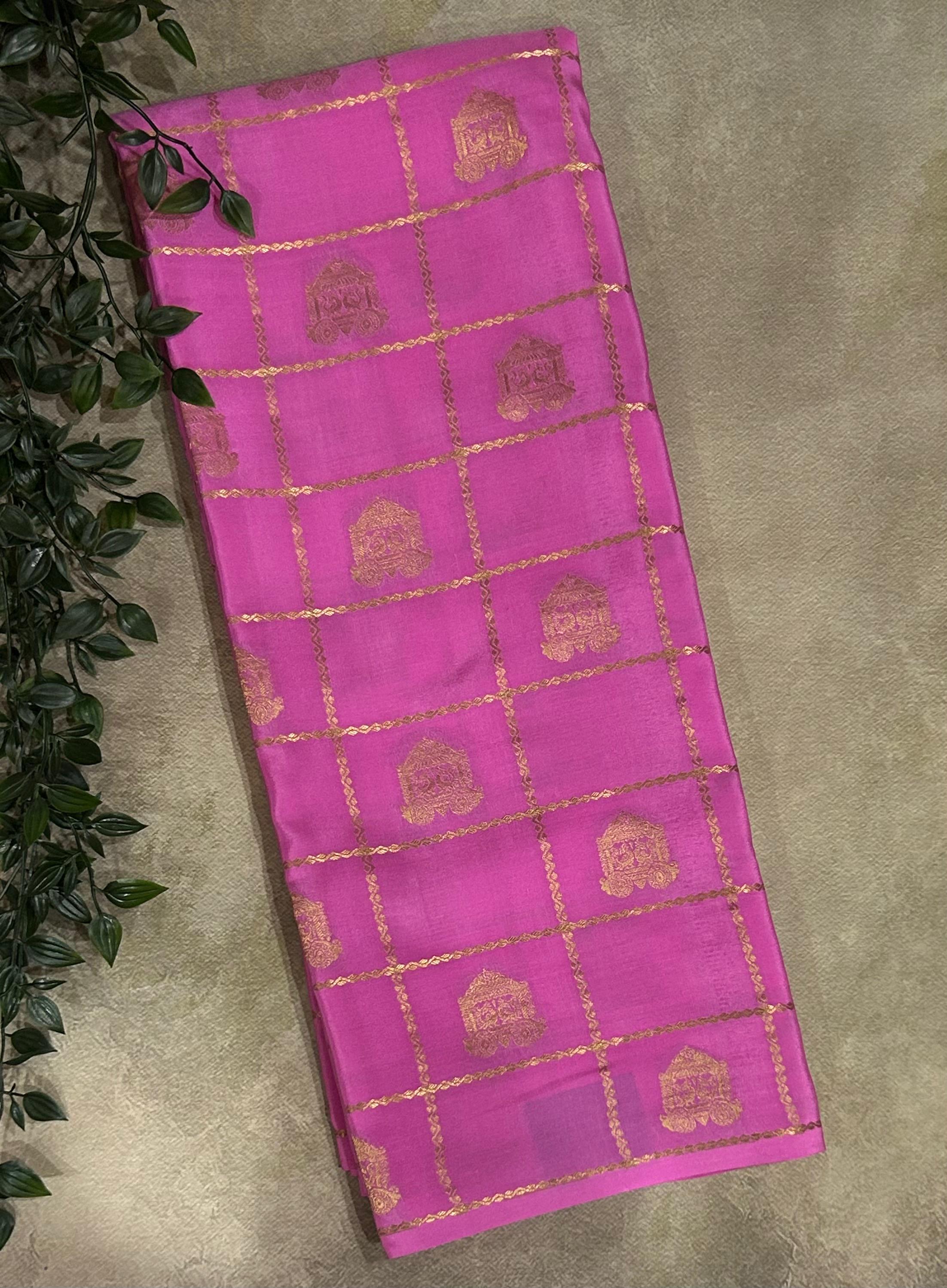 Pink borderless checks  pure mysore silk 102 saree