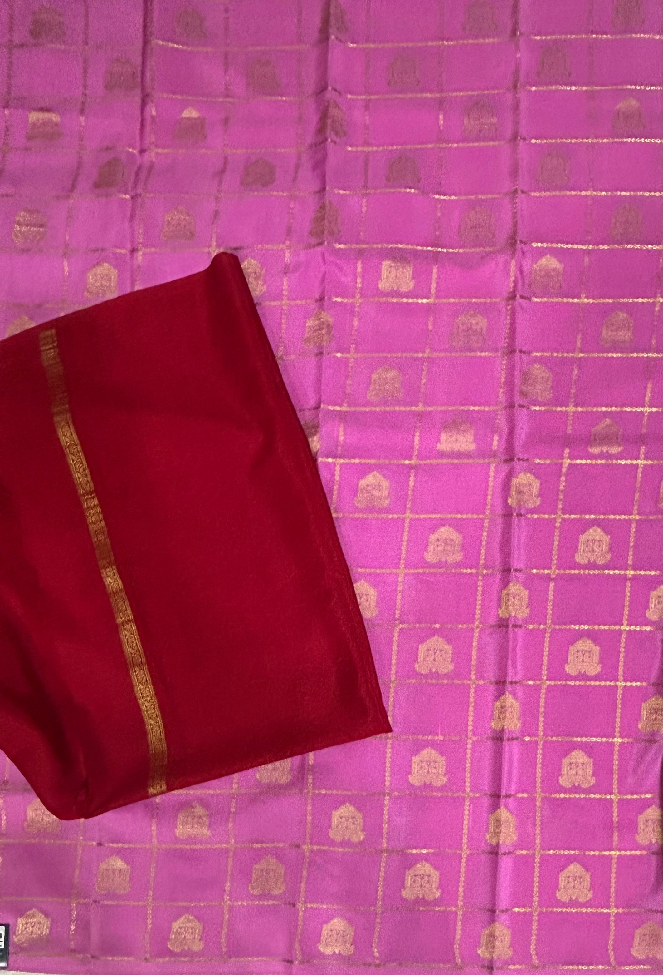 Pink borderless checks  pure mysore silk 102 saree