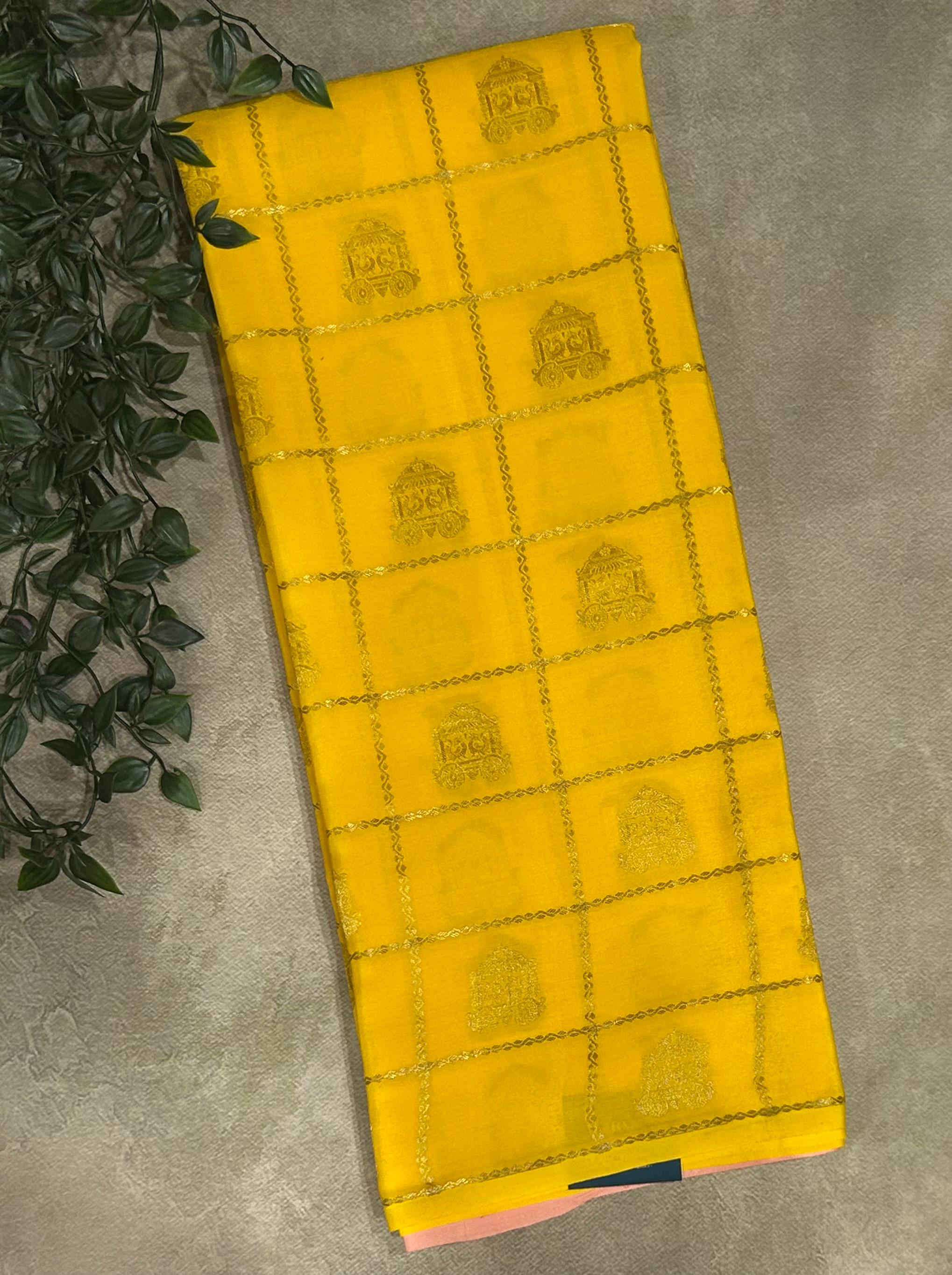 Yellow checks borderless pure mysore silk 102 saree