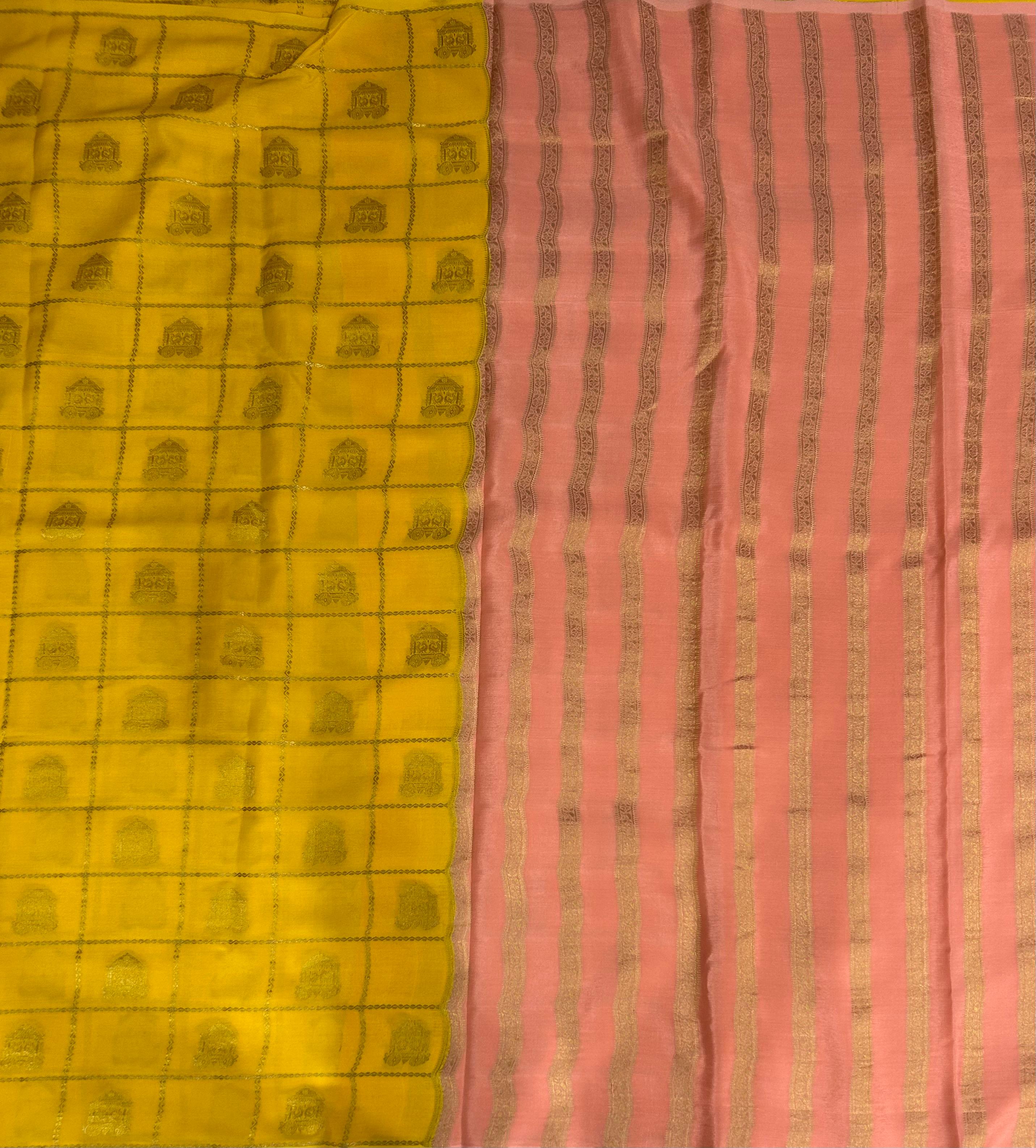 Yellow checks borderless pure mysore silk 102 saree