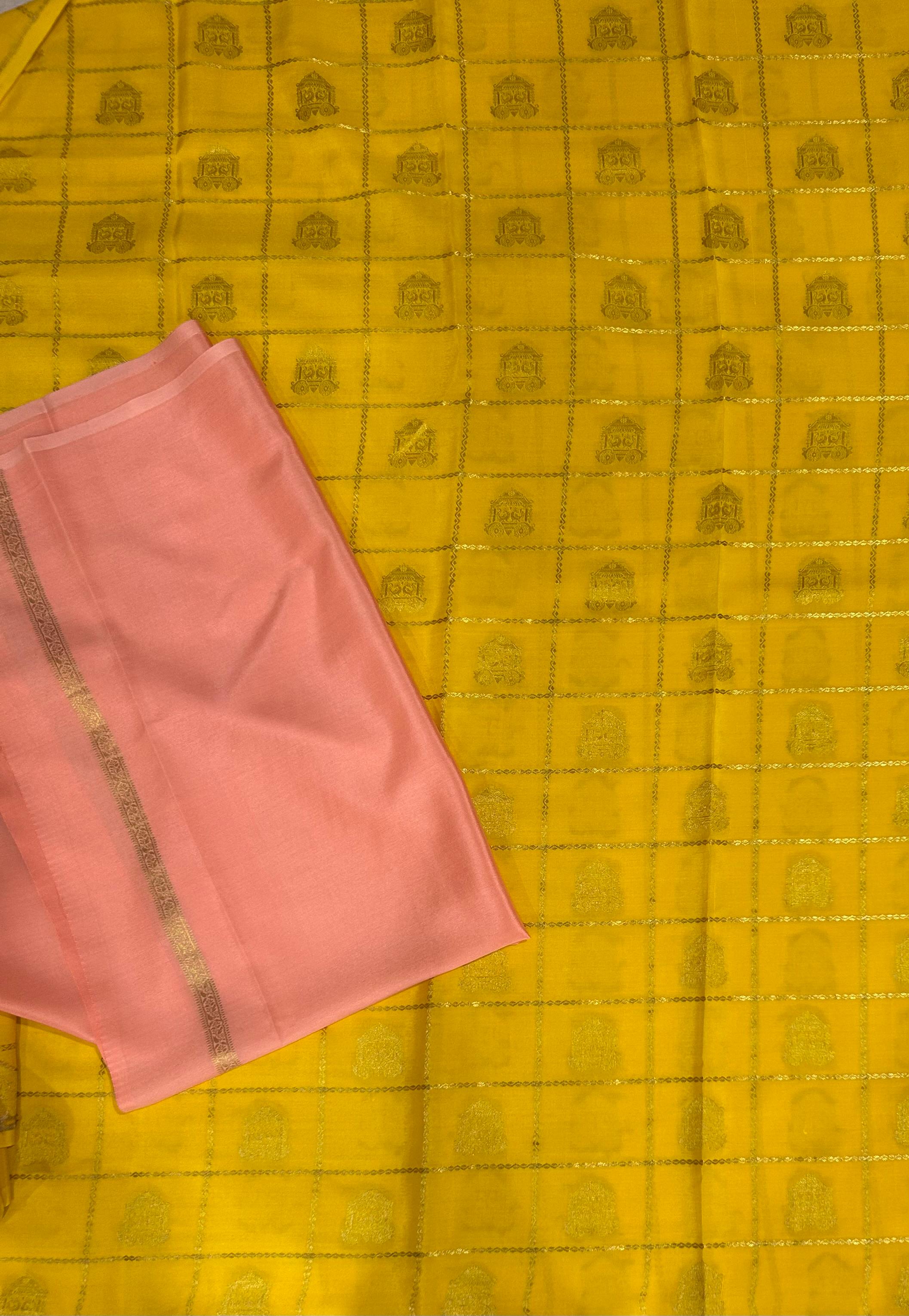 Yellow checks borderless pure mysore silk 102 saree