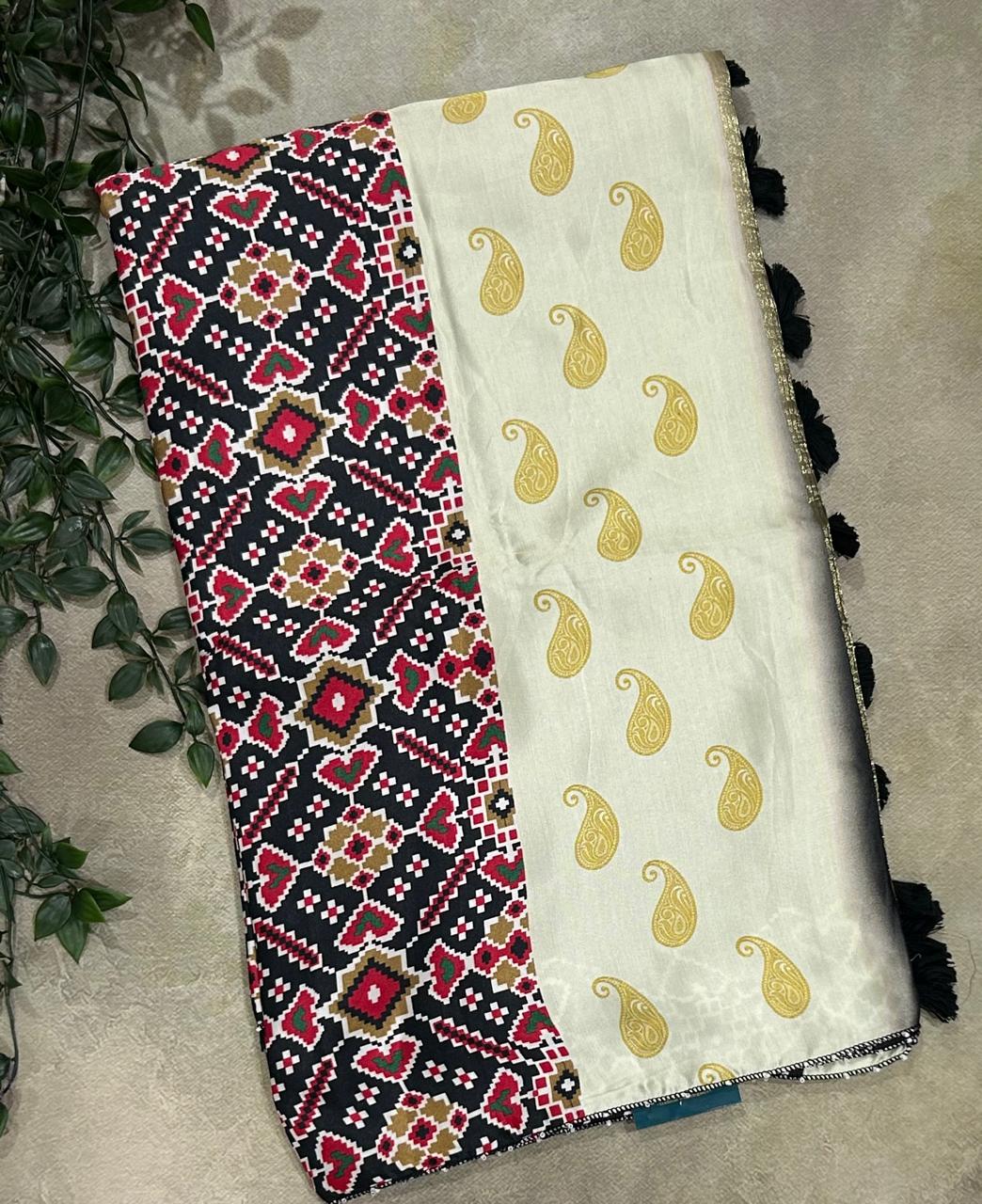 Cream n black Patola modal satin 102 saree