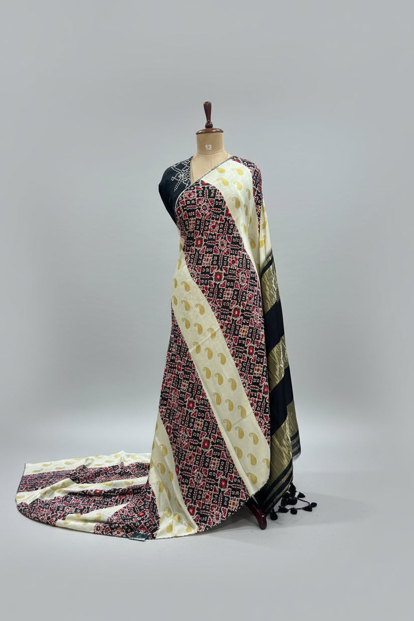 Cream n black Patola modal satin 102 saree