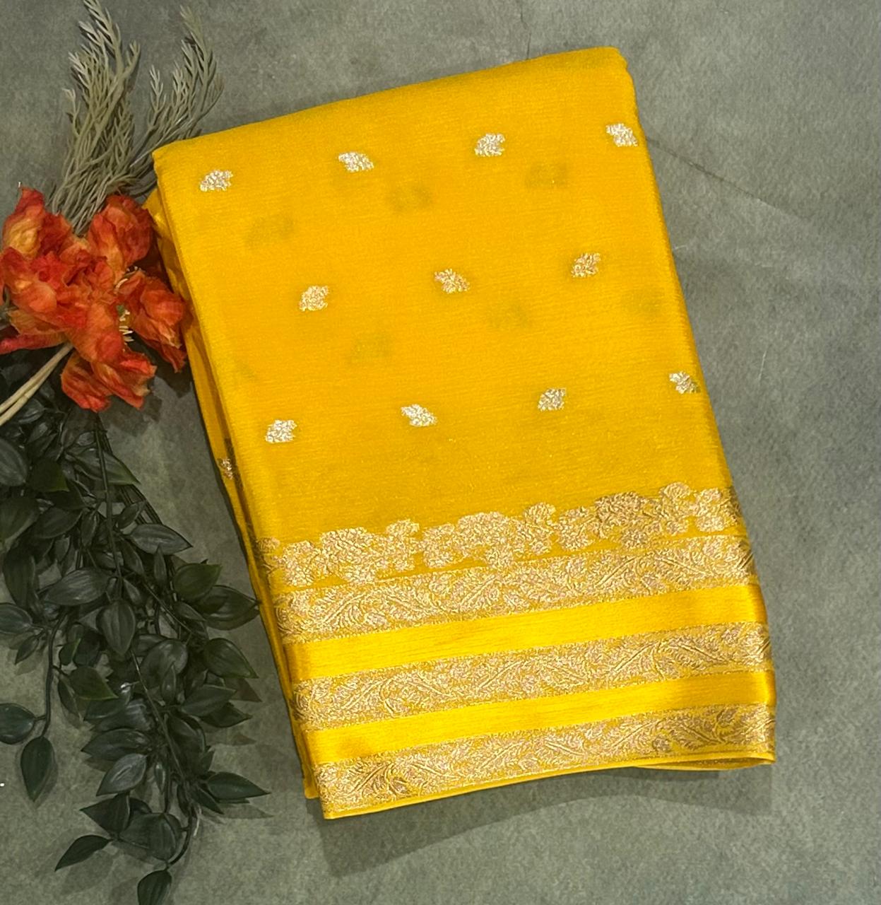 Bright yellow chinnon satin border 103 saree