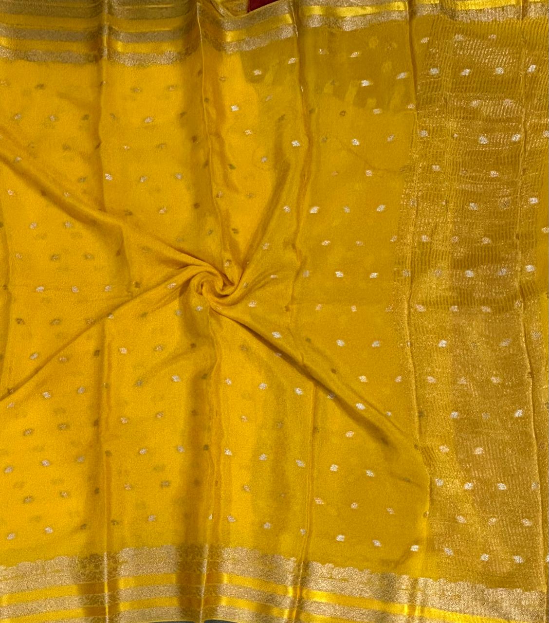 Bright yellow chinnon satin border 103 saree