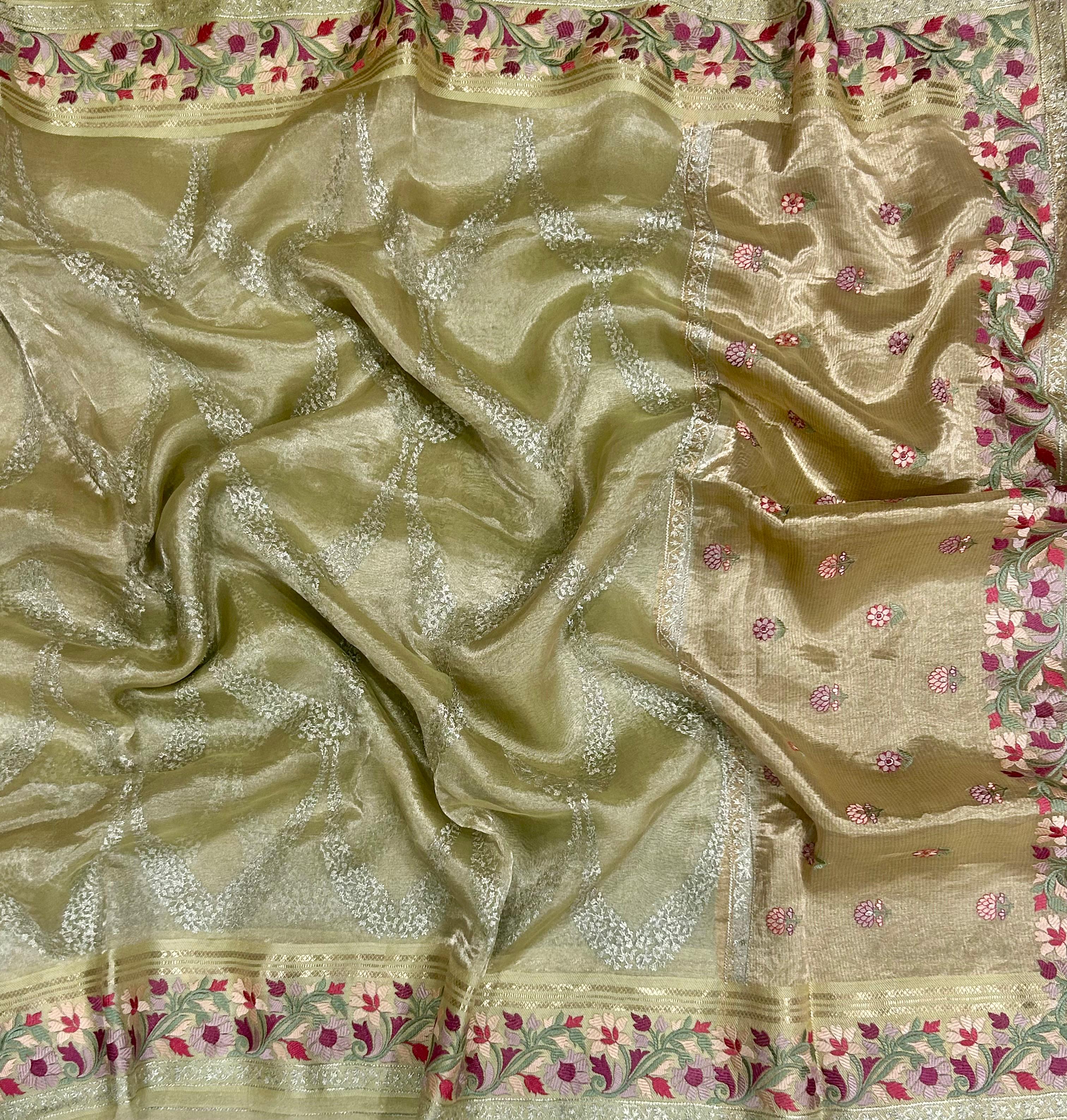 Golden embrodiery pure organza tissue 103 saree