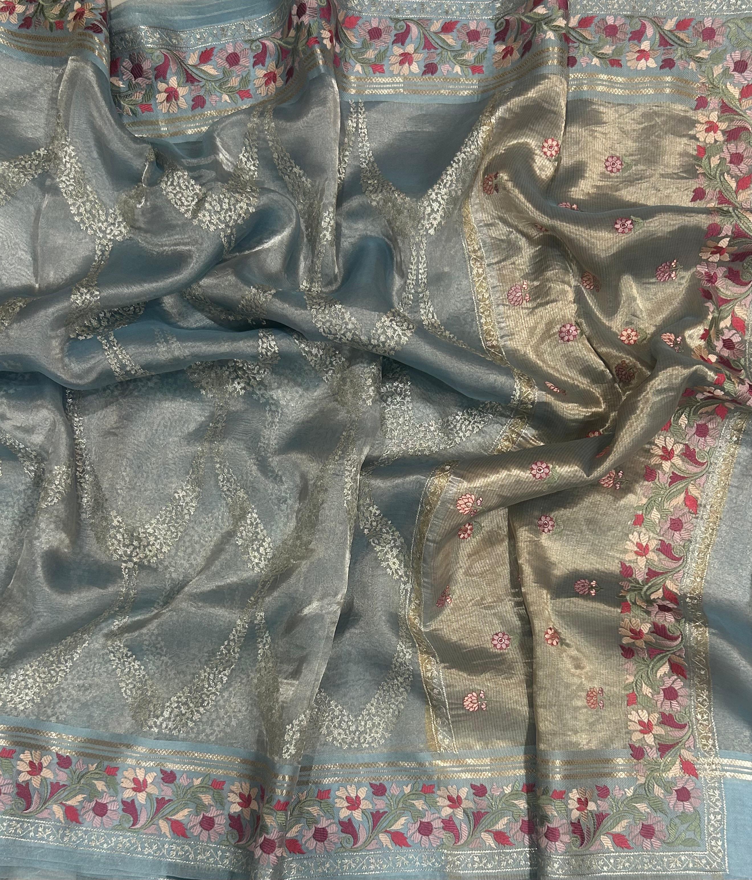 Pastel blue embrodiery pure organza tissue 103 saree