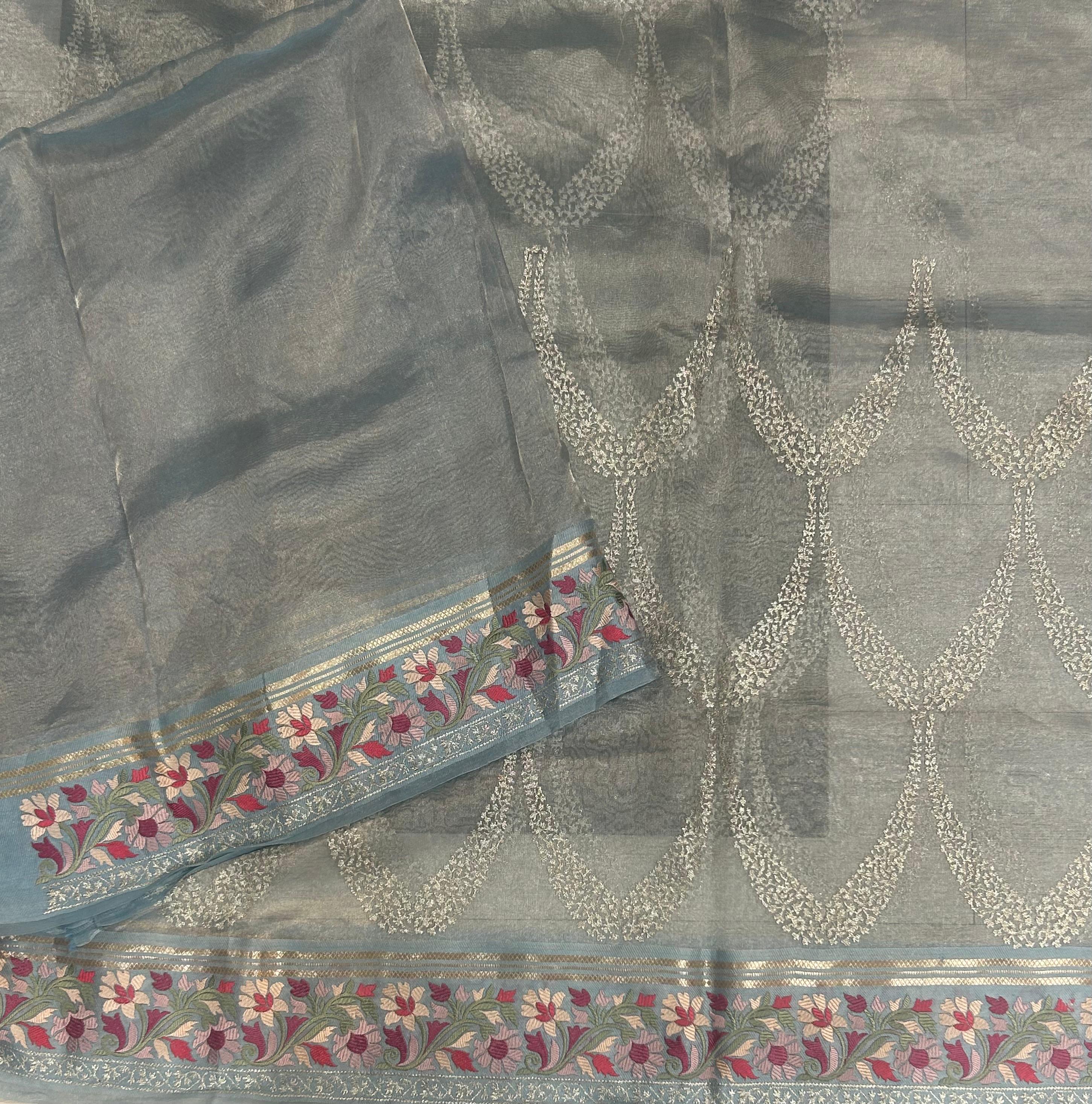 Pastel blue embrodiery pure organza tissue 103 saree