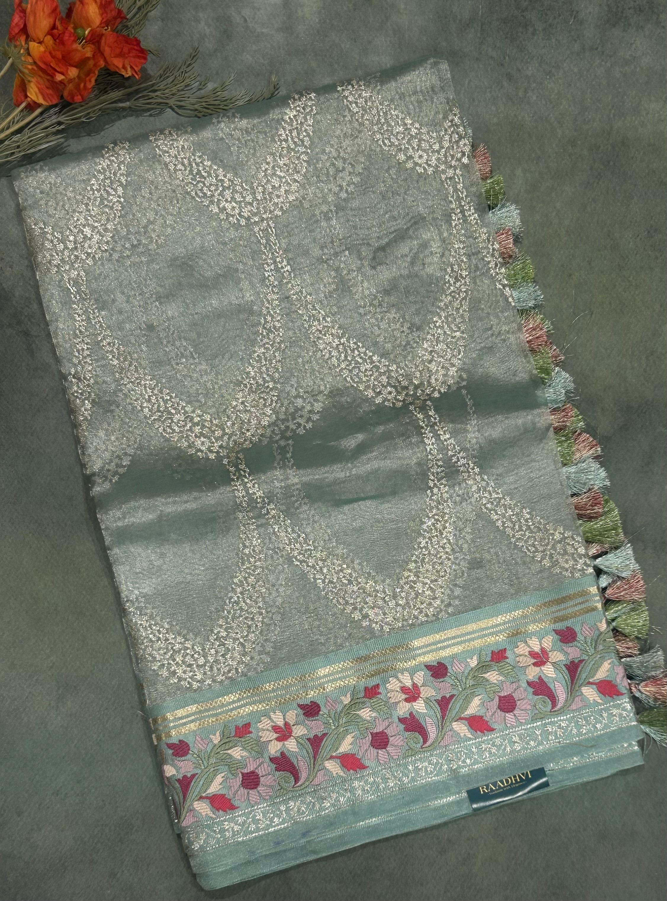 Aqua blue embrodiery pure organza tissue 103 saree