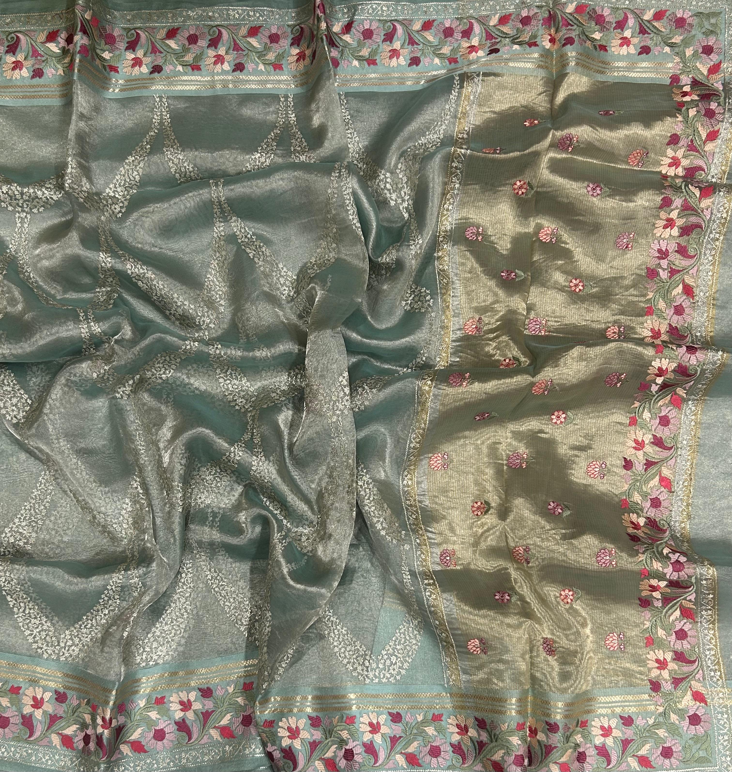 Aqua blue embrodiery pure organza tissue 103 saree