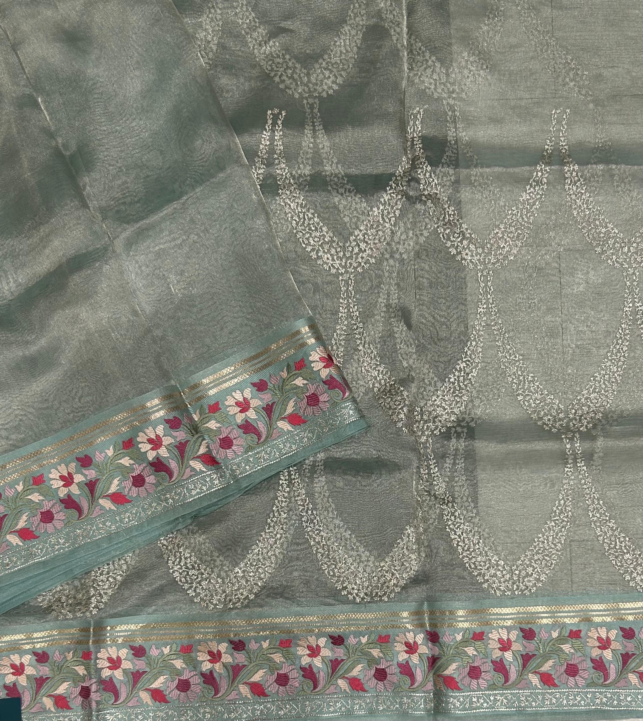 Aqua blue embrodiery pure organza tissue 103 saree