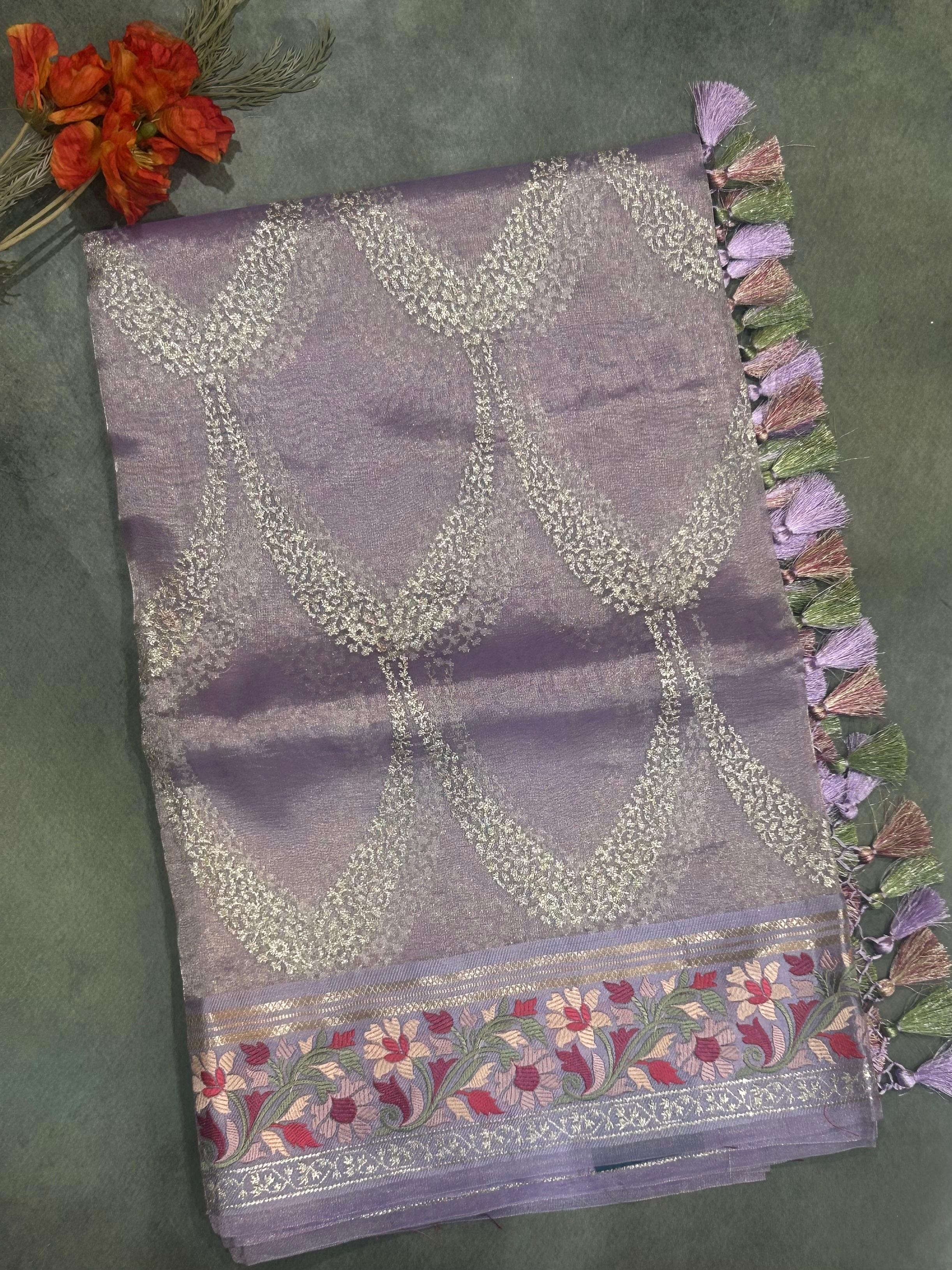 Lilac embrodiery pure organza tissue 103 saree