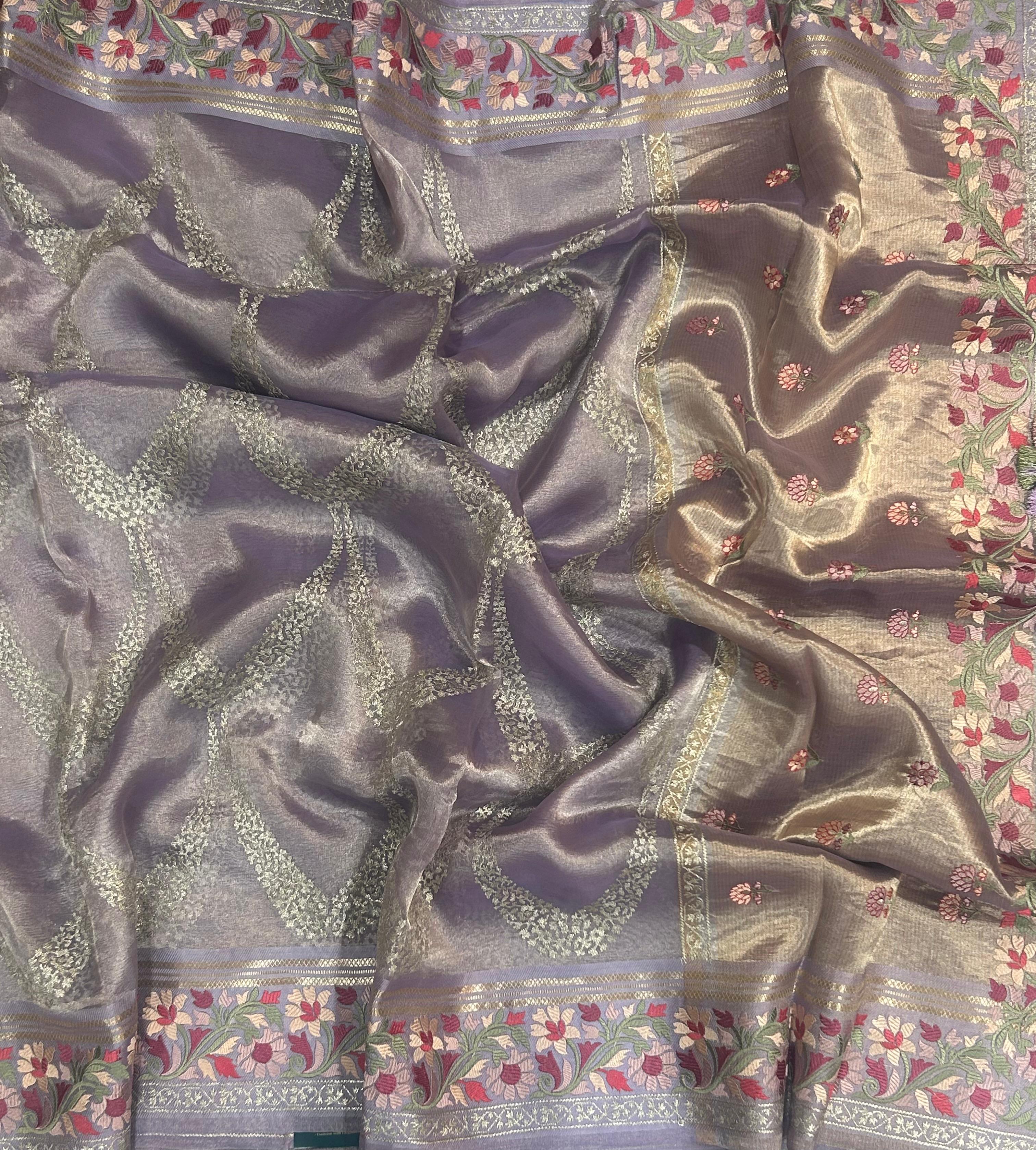 Lilac embrodiery pure organza tissue 103 saree